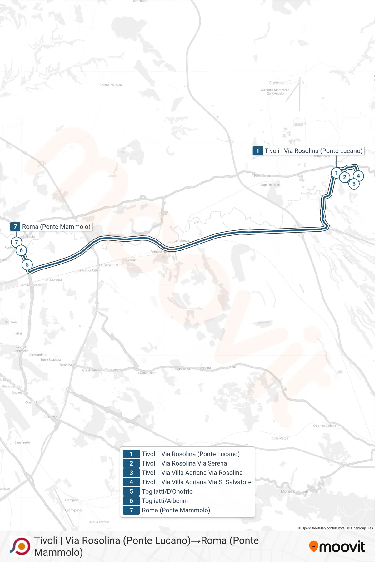 Linea COTRAL  bus (Tivoli | Via Rosolina (Ponte Lucano)‎→Roma (Ponte Mammolo)) - Percorsi e fermate sulla mappa
