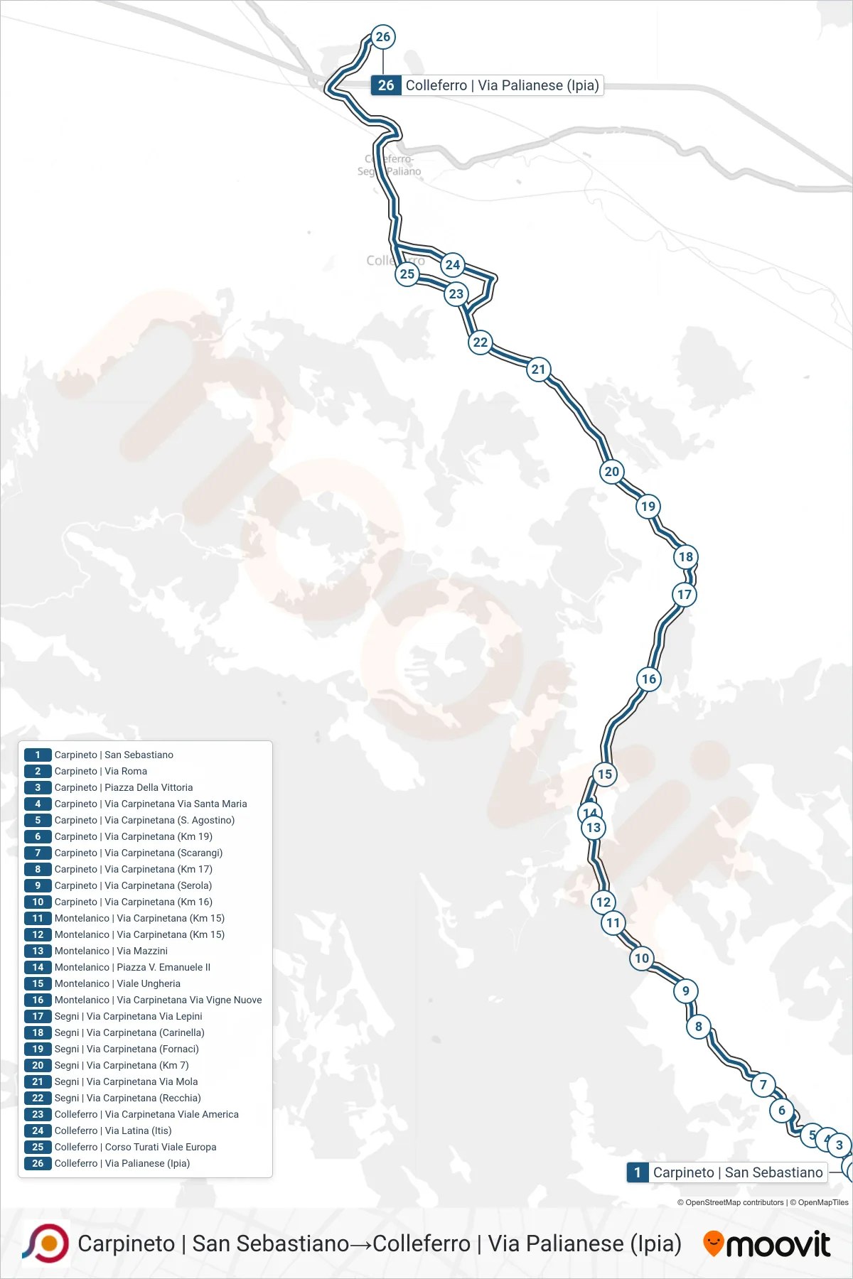 Linea COTRAL bus (Carpineto | San Sebastiano→Colleferro | Via Palianese (Ipia)) - Percorsi e fermate sulla mappa