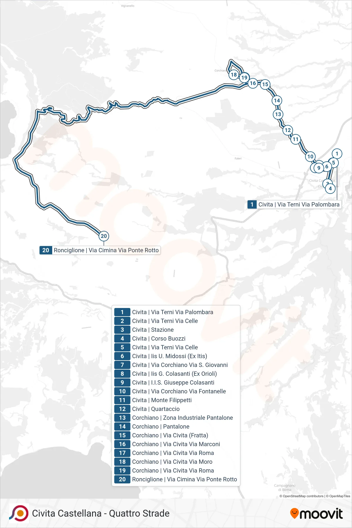 Linea COTRAL bus (Civita | Via Terni Via Palombara→Ronciglione | Via Cimina Via Ponte Rotto) - Percorsi e fermate sulla mappa