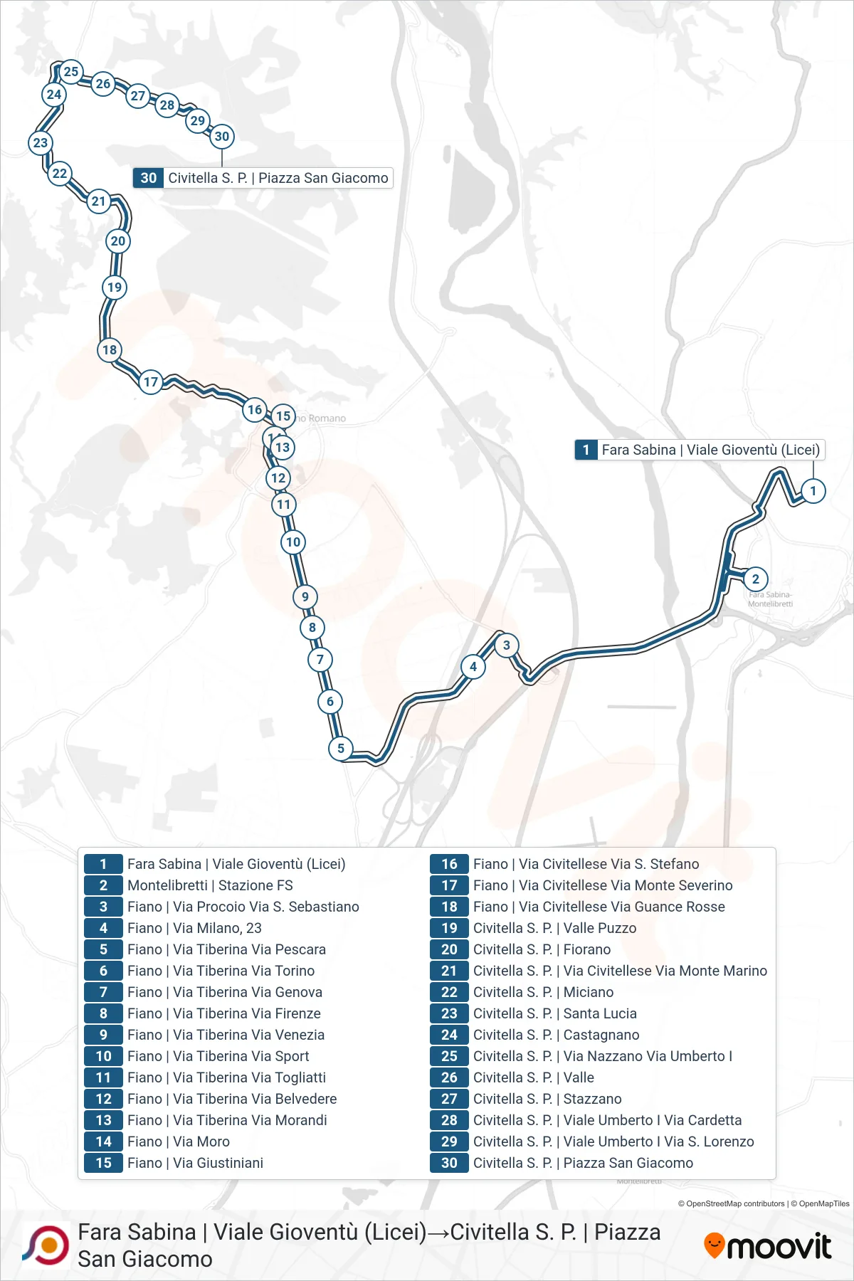 Linea COTRAL bus (Fara Sabina | Viale Gioventù (Licei)→Civitella S. P. | Piazza San Giacomo) - Percorsi e fermate sulla mappa