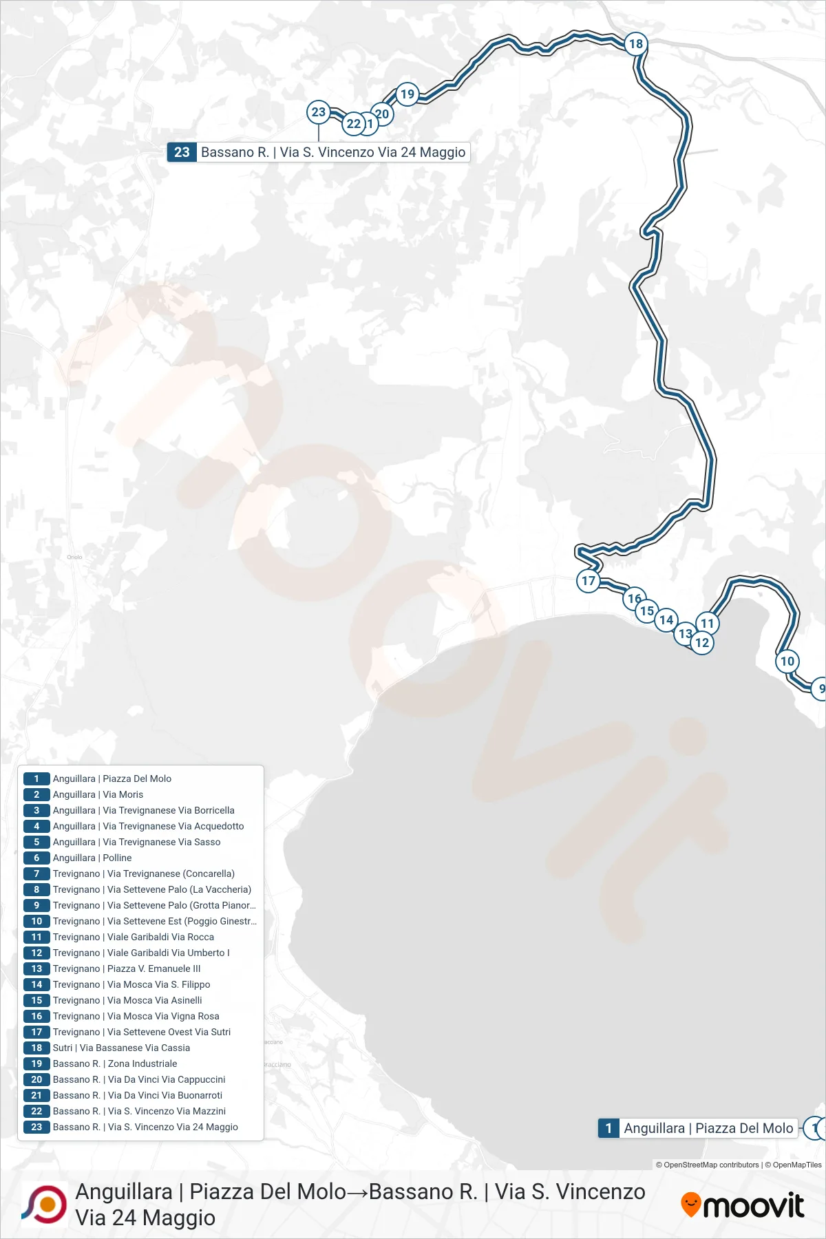 Linea COTRAL bus (Anguillara | Piazza Del Molo→Bassano R. | Via S. Vincenzo Via 24 Maggio) - Percorsi e fermate sulla mappa