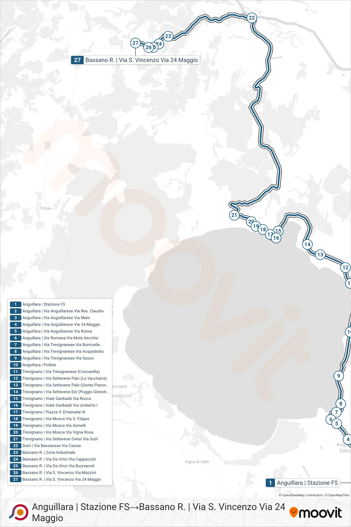Linea COTRAL bus (Anguillara | Stazione FS→Bassano R. | Via S. Vincenzo Via 24 Maggio) - Percorsi e fermate sulla mappa