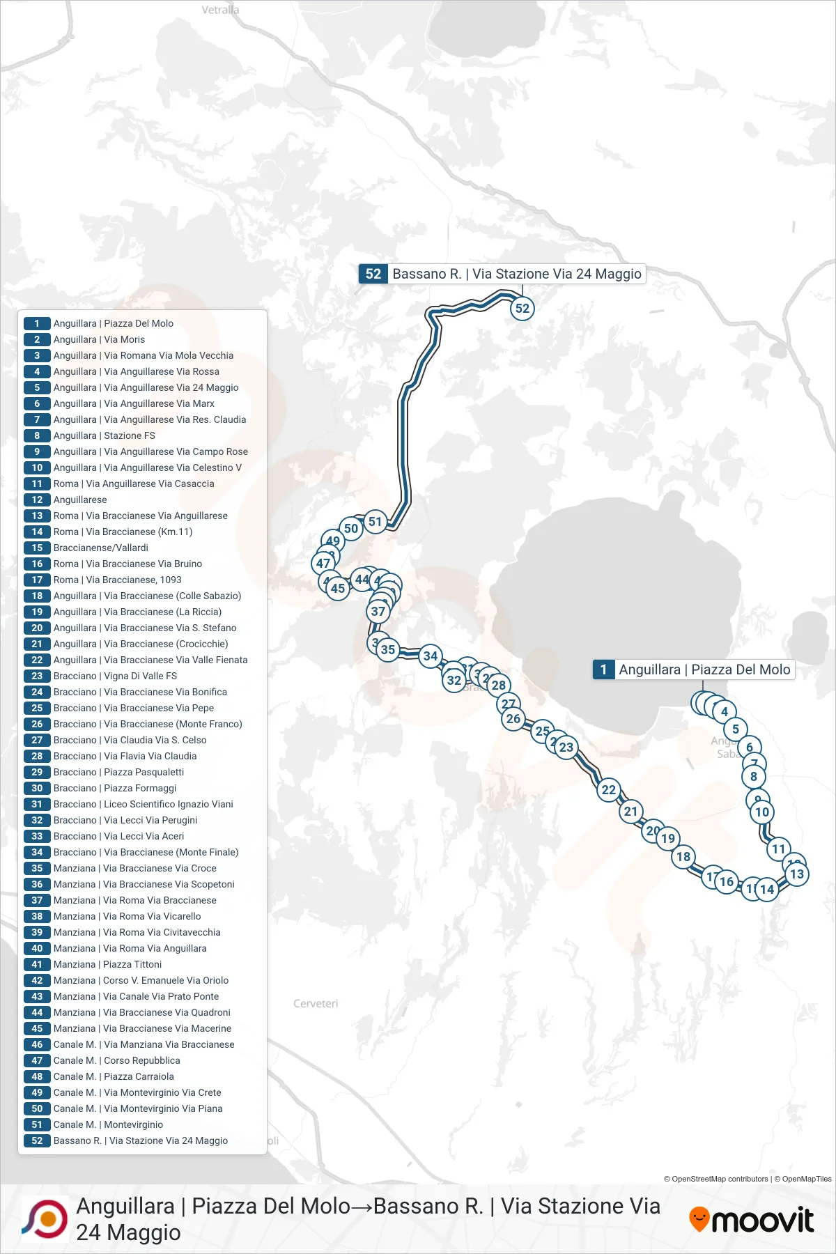 Linea COTRAL bus (Anguillara | Piazza Del Molo→Bassano R. | Via Stazione Via 24 Maggio) - Percorsi e fermate sulla mappa