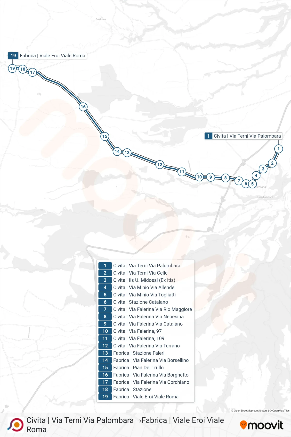 Linea COTRAL bus (Civita | Via Terni Via Palombara→Fabrica | Viale Eroi Viale Roma) - Percorsi e fermate sulla mappa