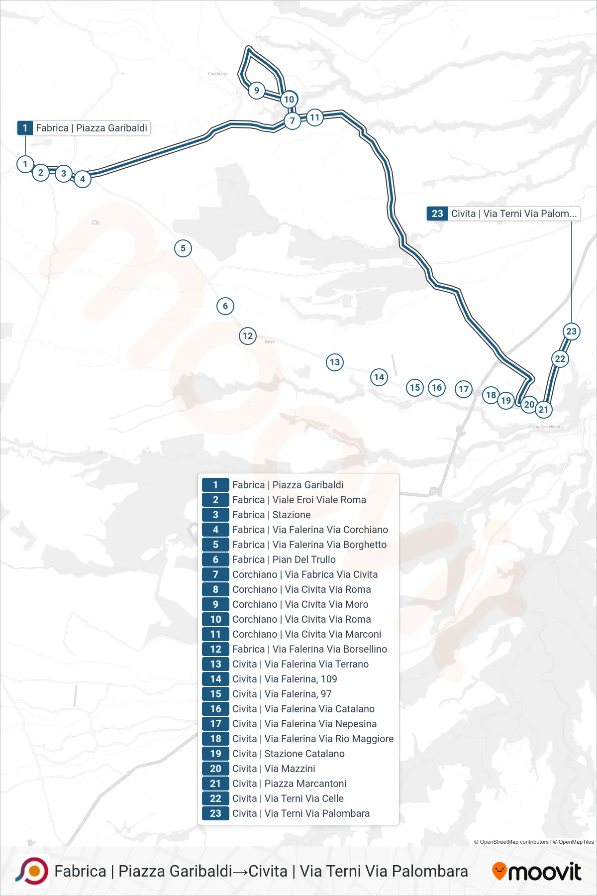 Linea COTRAL bus (Fabrica | Piazza Garibaldi→Civita | Via Terni Via Palombara) - Percorsi e fermate sulla mappa