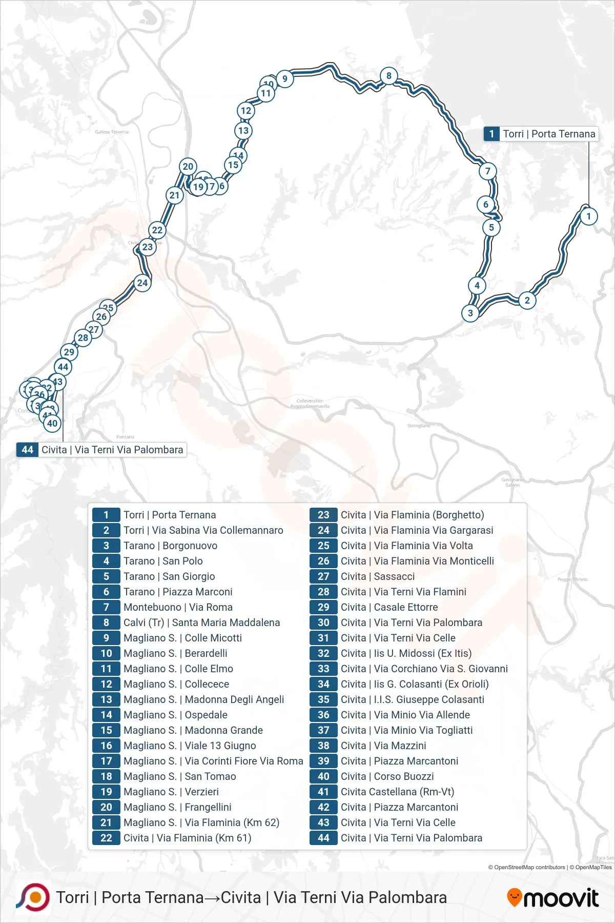 Linea COTRAL bus (Torri | Porta Ternana→Civita | Via Terni Via Palombara) - Percorsi e fermate sulla mappa