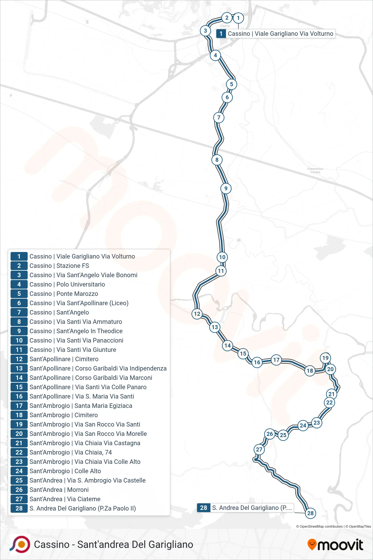 Linea COTRAL bus (Cassino | Viale Garigliano Via Volturno→S. Andrea Del Garigliano (P.Za Paolo II)) - Percorsi e fermate sulla mappa