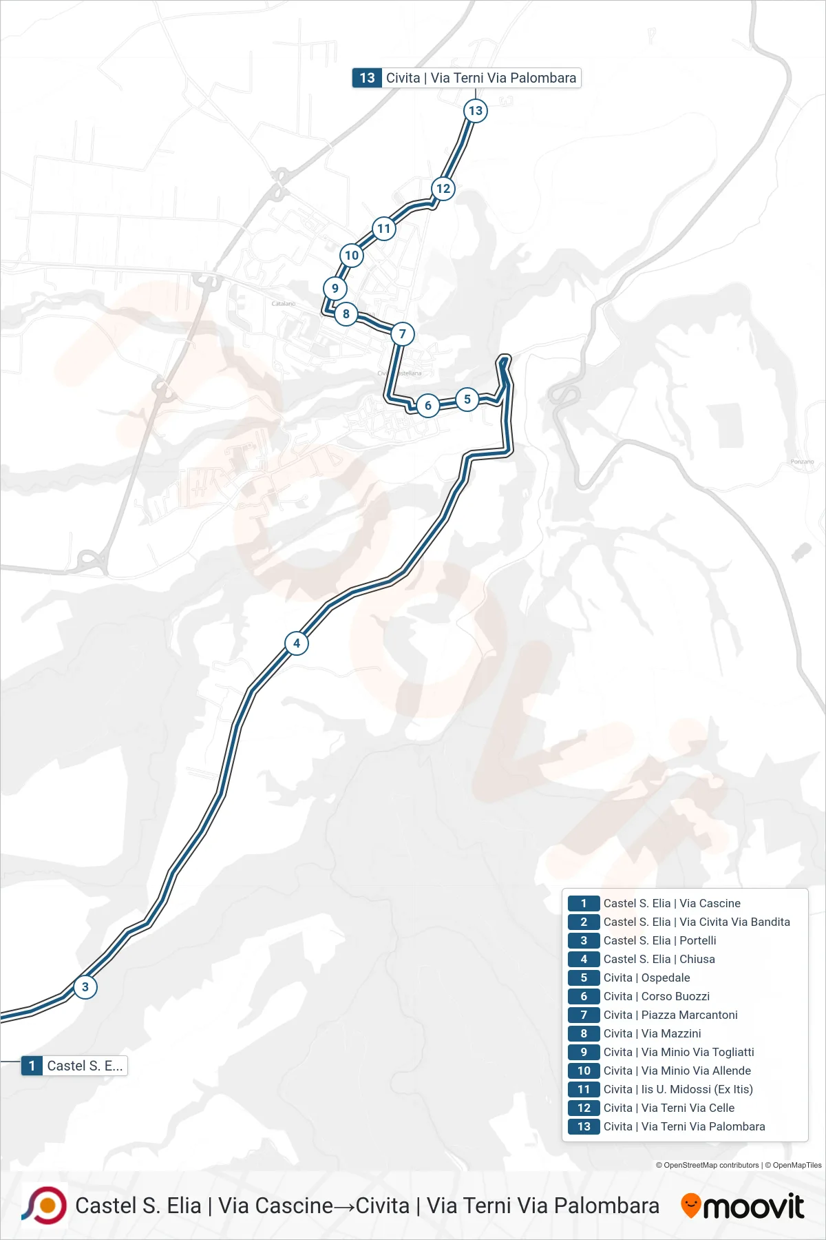 Linea COTRAL  bus (Castel S. Elia | Via Cascine‎→Civita | Via Terni Via Palombara) - Percorsi e fermate sulla mappa