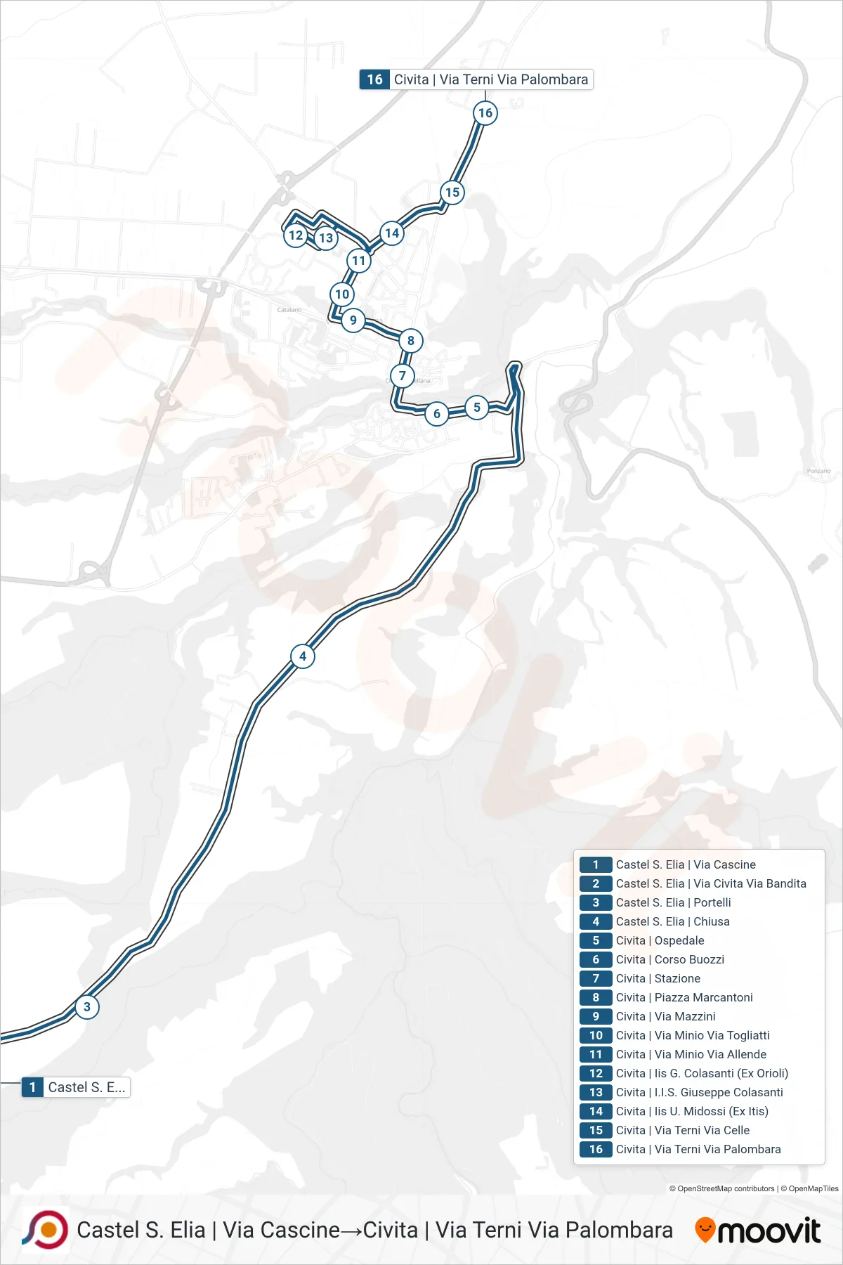 Linea COTRAL bus (Castel S. Elia | Via Cascine→Civita | Via Terni Via Palombara) - Percorsi e fermate sulla mappa
