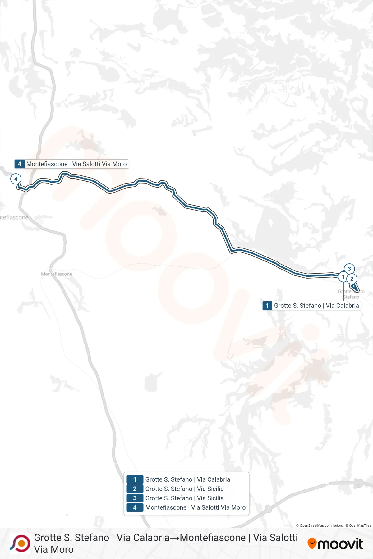Linea COTRAL bus (Grotte S. Stefano | Via Calabria→Montefiascone | Via Salotti Via Moro) - Percorsi e fermate sulla mappa
