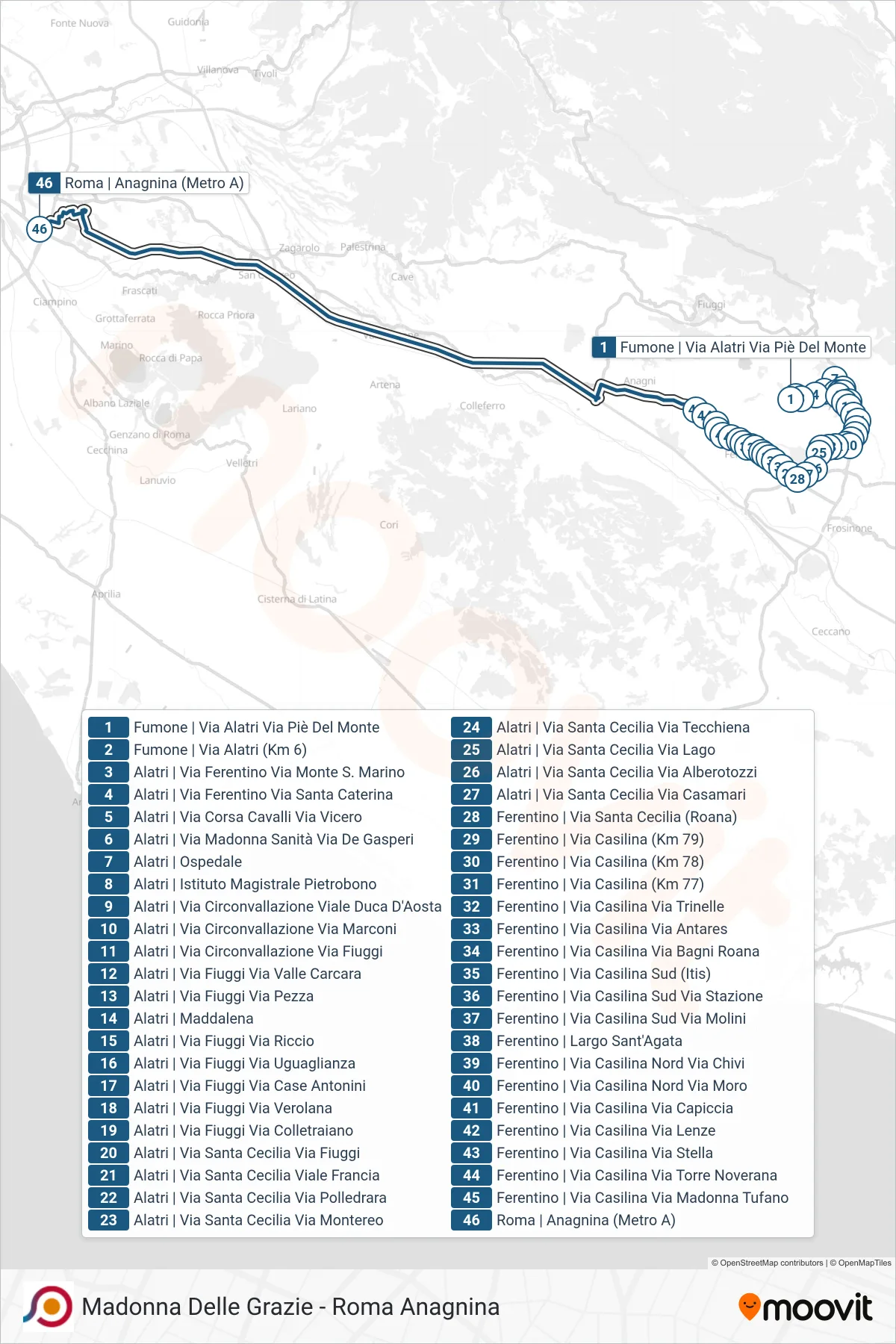 Linea COTRAL  bus (Fumone | Via Alatri Via Piè Del Monte‎→Roma | Anagnina (Metro A)) - Percorsi e fermate sulla mappa