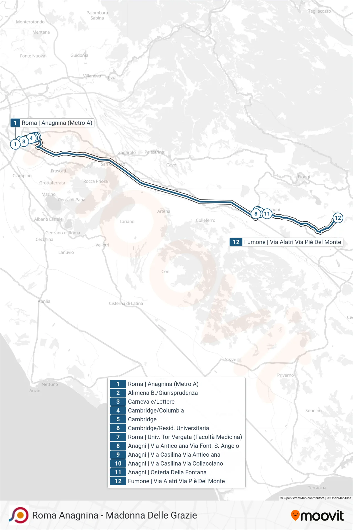Linea COTRAL bus (Roma | Anagnina (Metro A)→Fumone | Via Alatri Via Piè Del Monte) - Percorsi e fermate sulla mappa