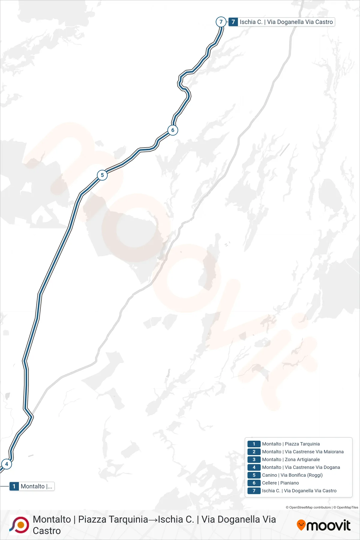 Linea COTRAL bus (Montalto | Piazza Tarquinia→Ischia C. | Via Doganella Via Castro) - Percorsi e fermate sulla mappa