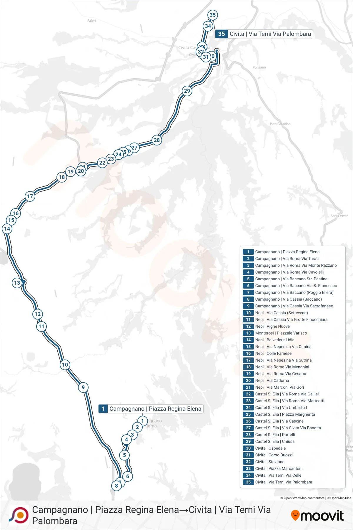 Linea COTRAL bus (Campagnano | Piazza Regina Elena→Civita | Via Terni Via Palombara) - Percorsi e fermate sulla mappa