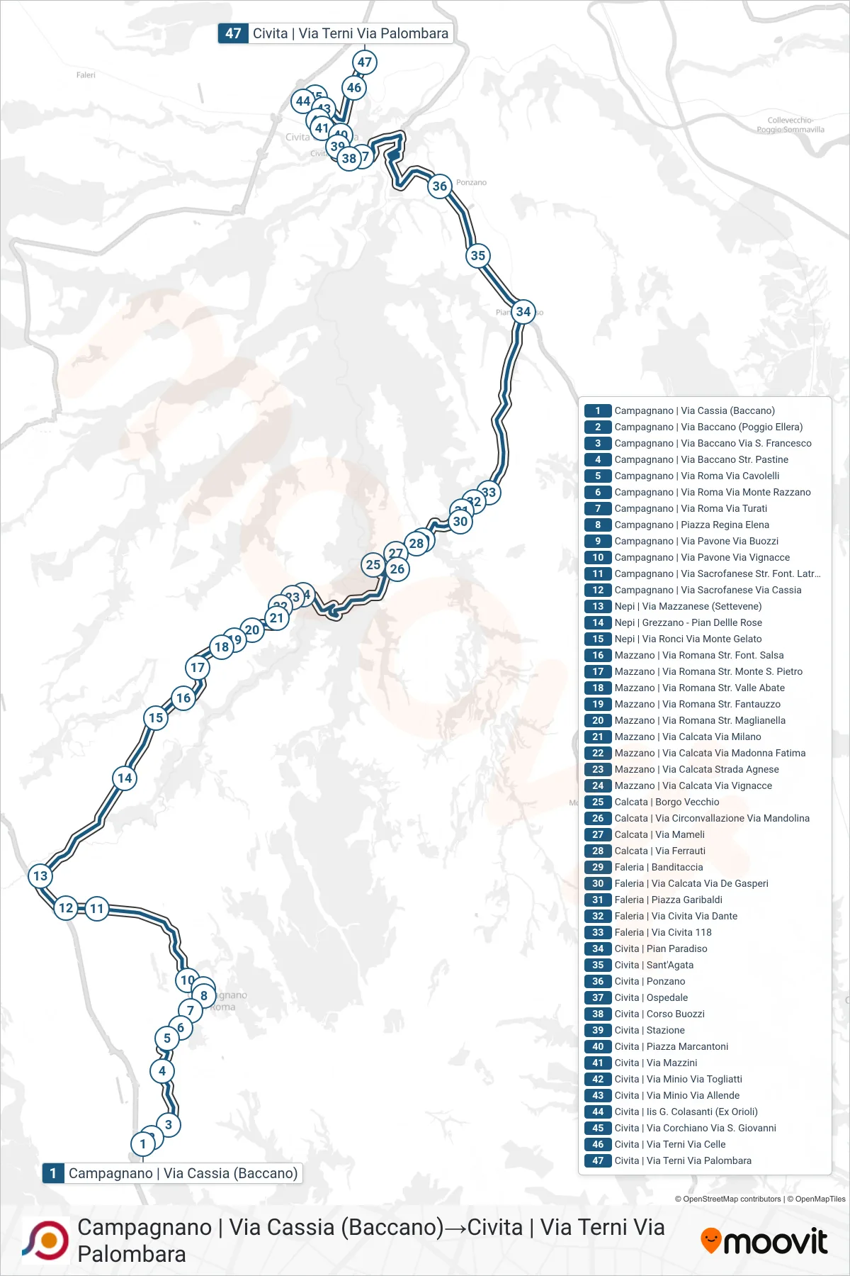 Linea COTRAL bus (Campagnano | Via Cassia (Baccano)→Civita | Via Terni Via Palombara) - Percorsi e fermate sulla mappa