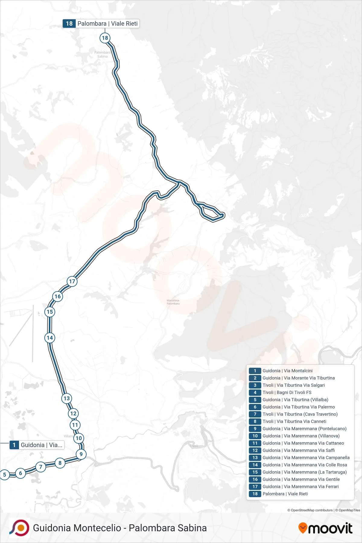 Linea COTRAL bus (Guidonia | Via Montalcini→Palombara | Viale Rieti) - Percorsi e fermate sulla mappa