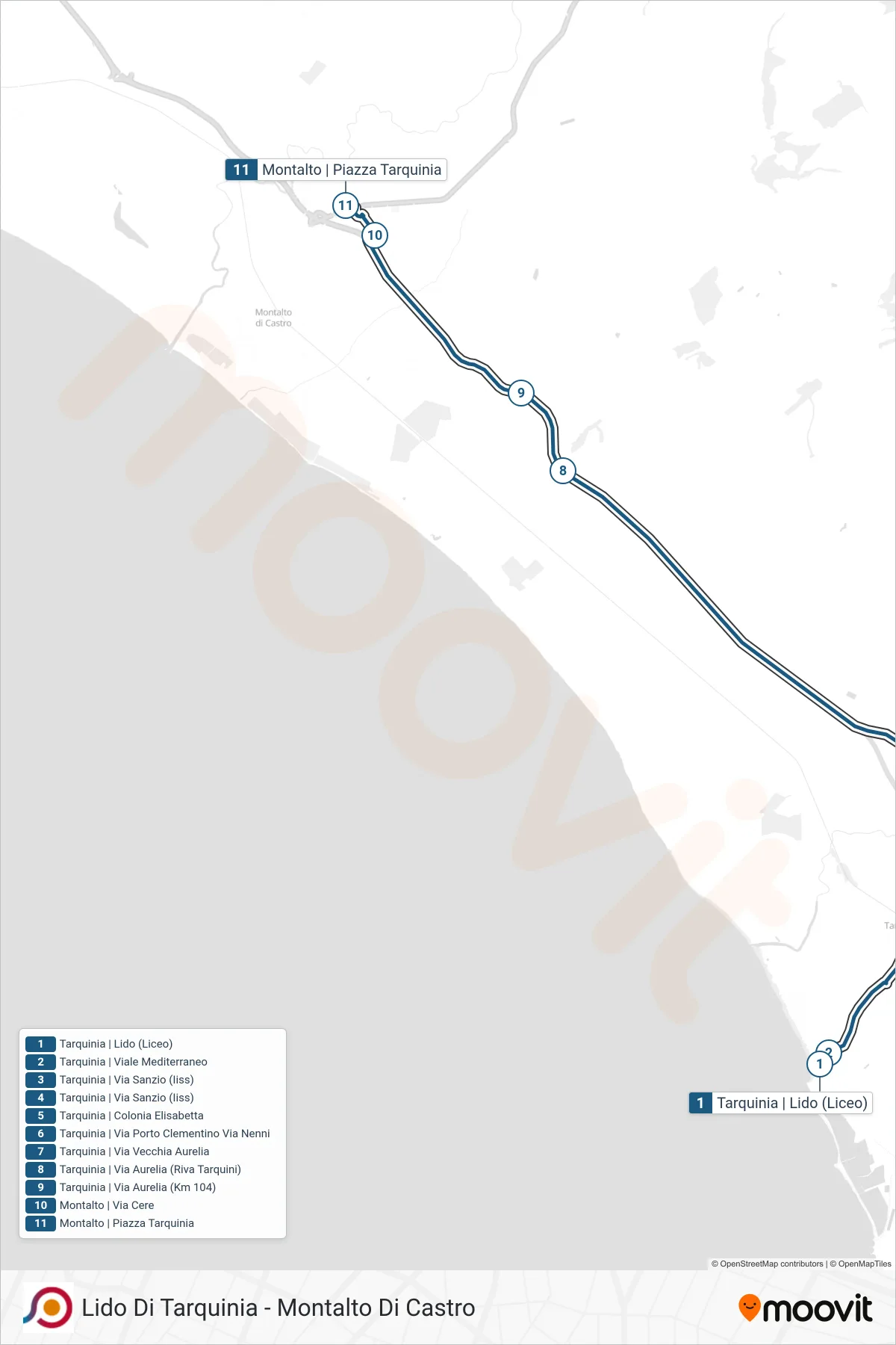 Linea COTRAL bus (Tarquinia | Lido (Liceo)→Montalto | Piazza Tarquinia) - Percorsi e fermate sulla mappa