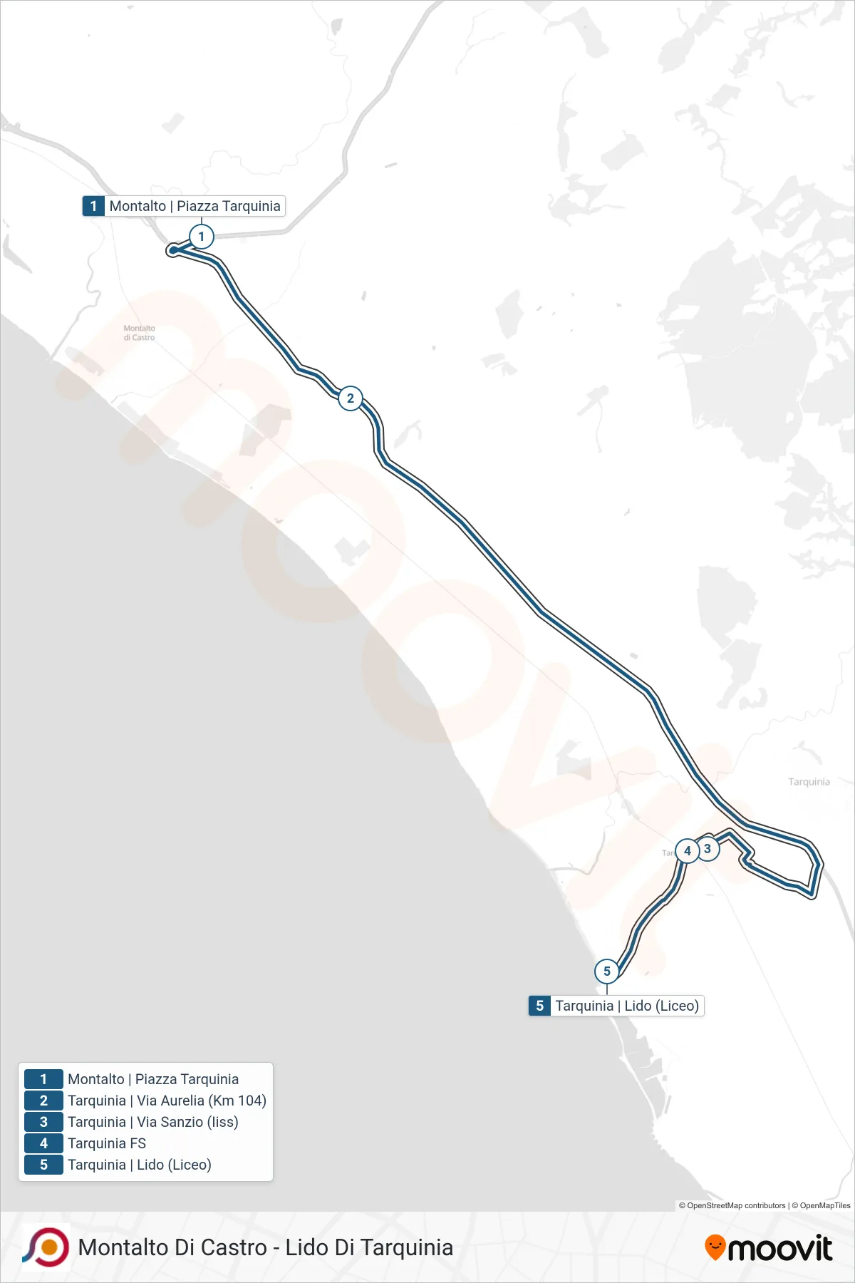 Linea COTRAL bus (Montalto | Piazza Tarquinia→Tarquinia | Lido (Liceo)) - Percorsi e fermate sulla mappa