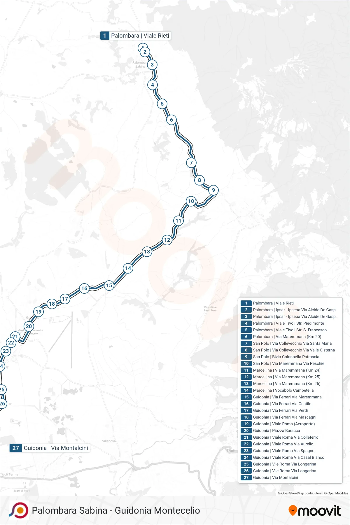 Linea COTRAL bus (Palombara | Viale Rieti→Guidonia | Via Montalcini) - Percorsi e fermate sulla mappa