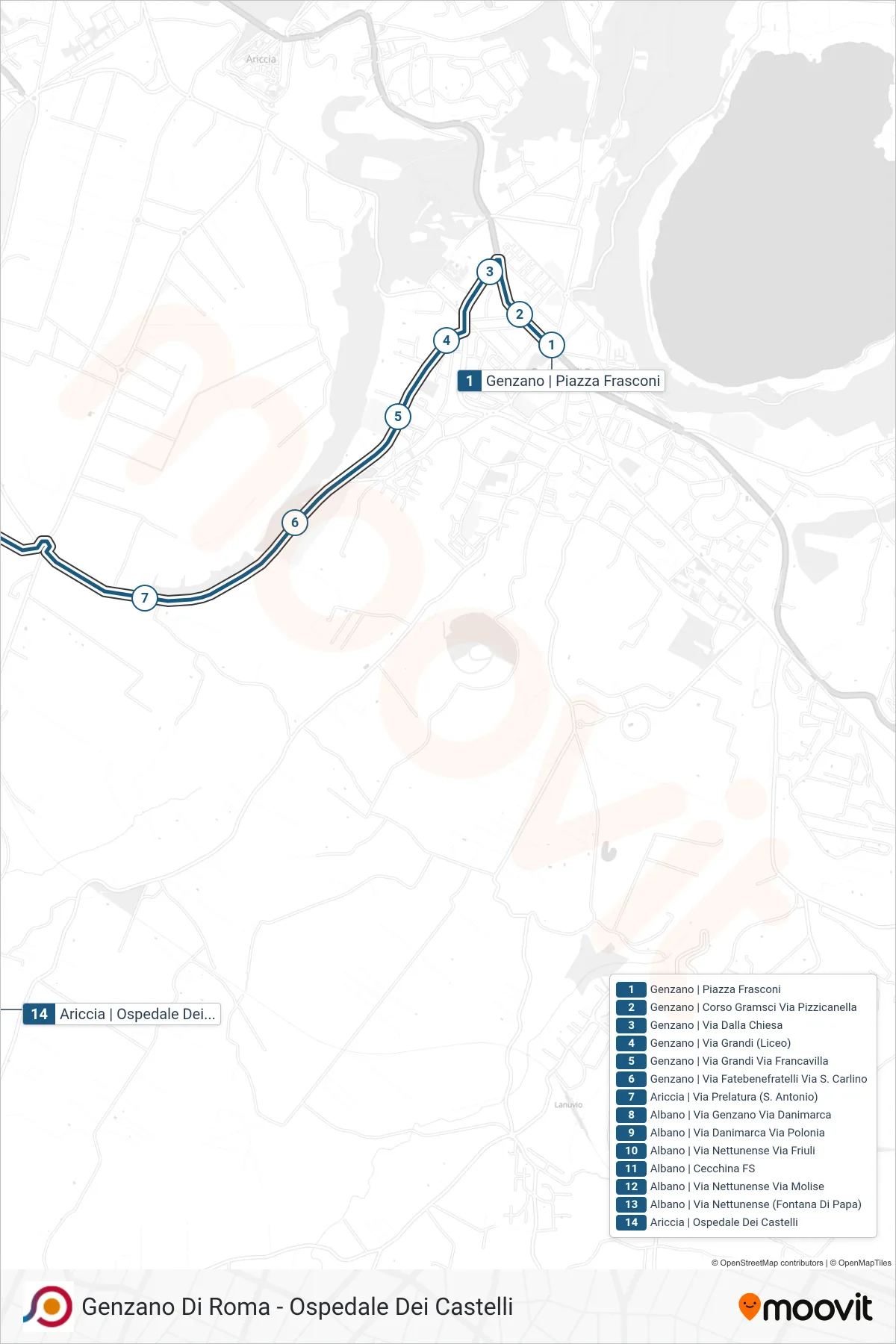 Linea COTRAL bus (Genzano | Piazza Frasconi→Ariccia | Ospedale Dei Castelli) - Percorsi e fermate sulla mappa