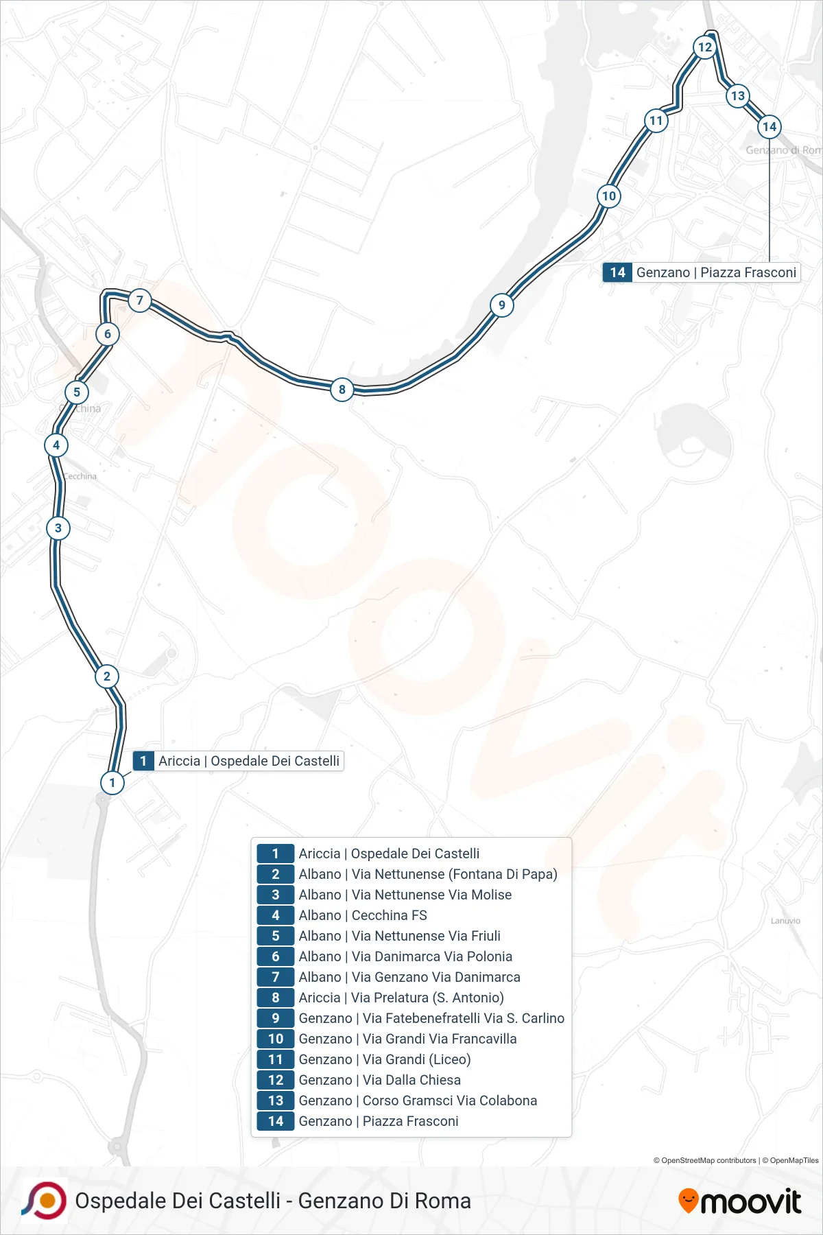 Linea COTRAL bus (Ariccia | Ospedale Dei Castelli→Genzano | Piazza Frasconi) - Percorsi e fermate sulla mappa