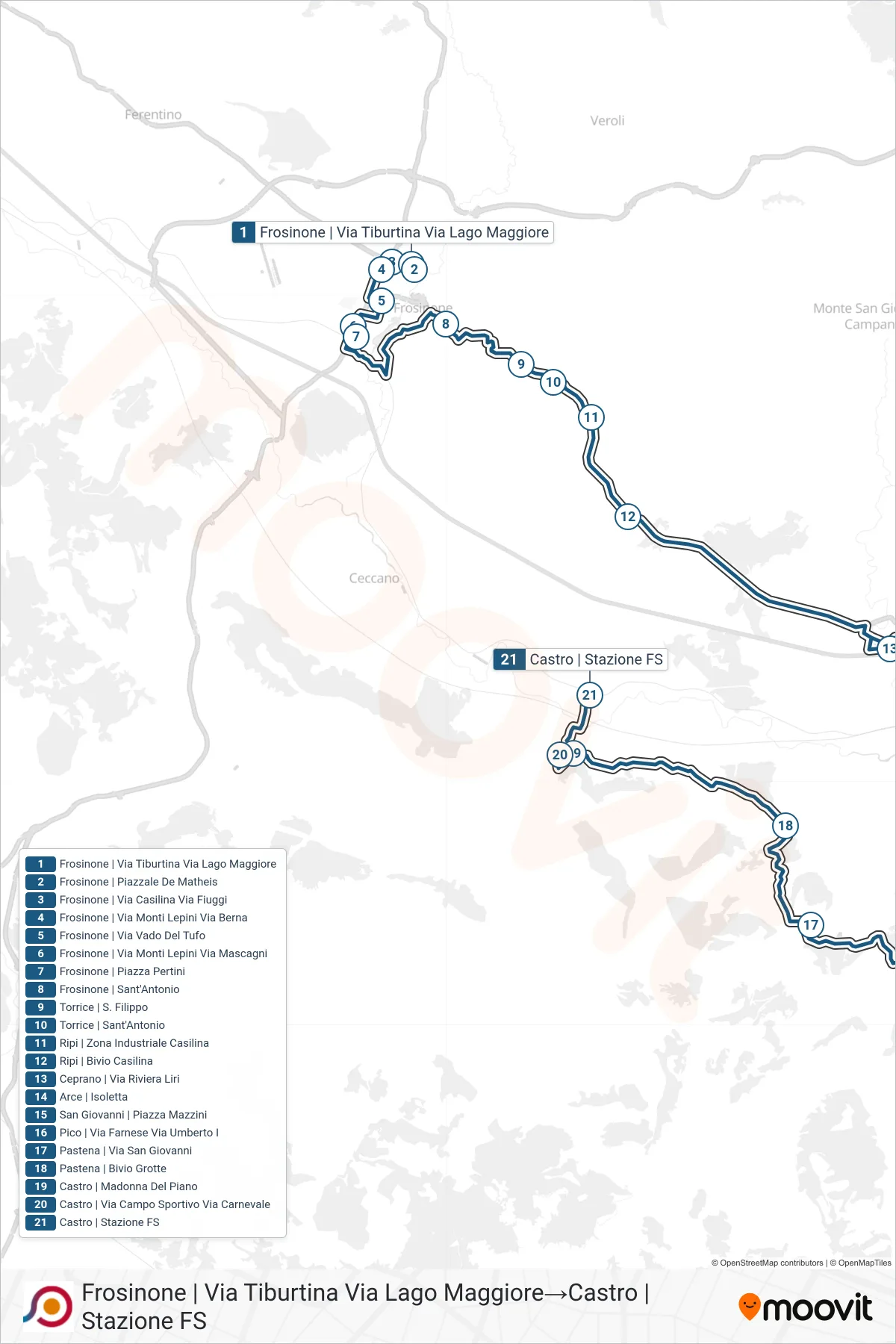 Linea COTRAL bus (Frosinone | Via Tiburtina Via Lago Maggiore→Castro | Stazione FS) - Percorsi e fermate sulla mappa