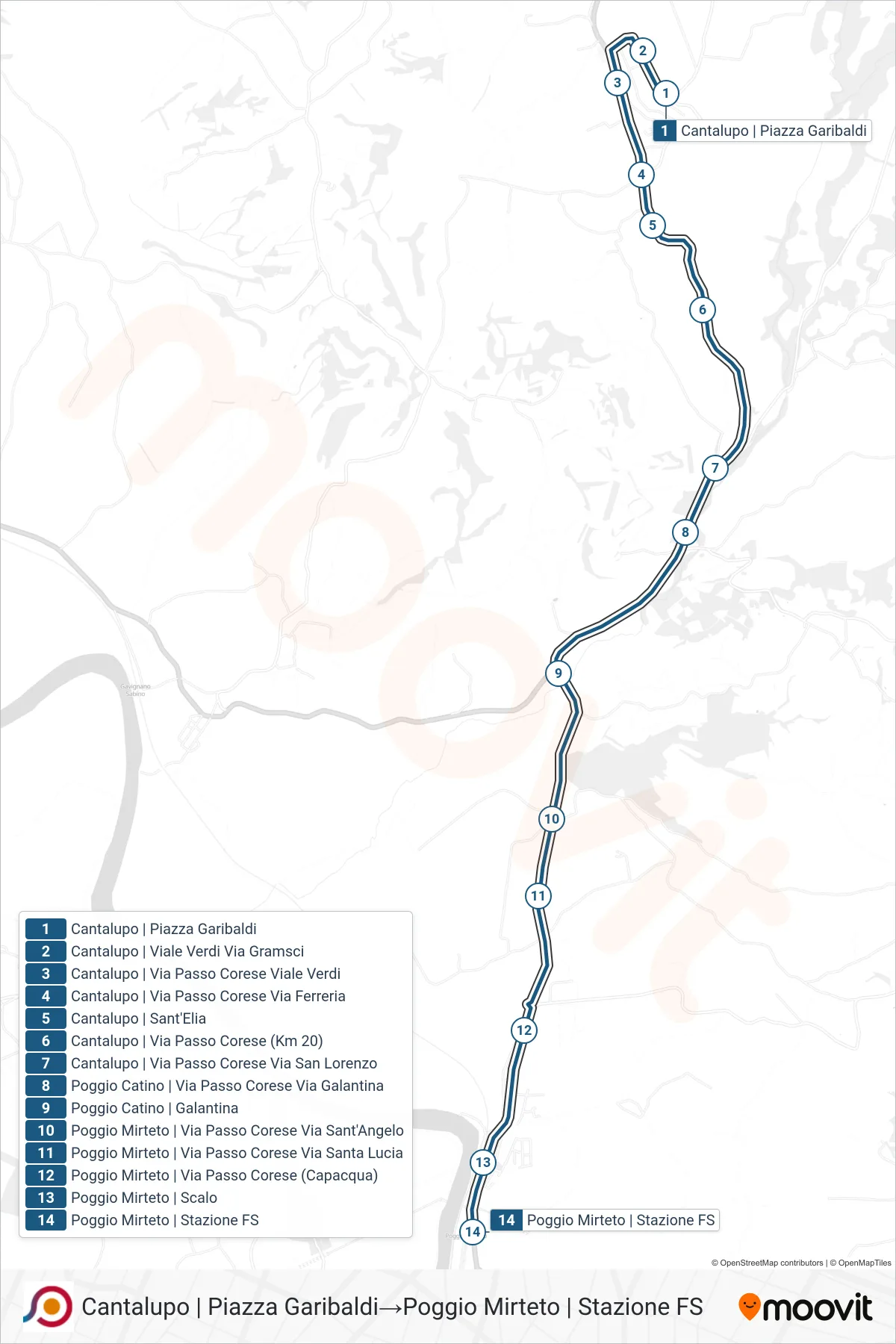 Linea COTRAL bus (Cantalupo | Piazza Garibaldi→Poggio Mirteto | Stazione FS) - Percorsi e fermate sulla mappa