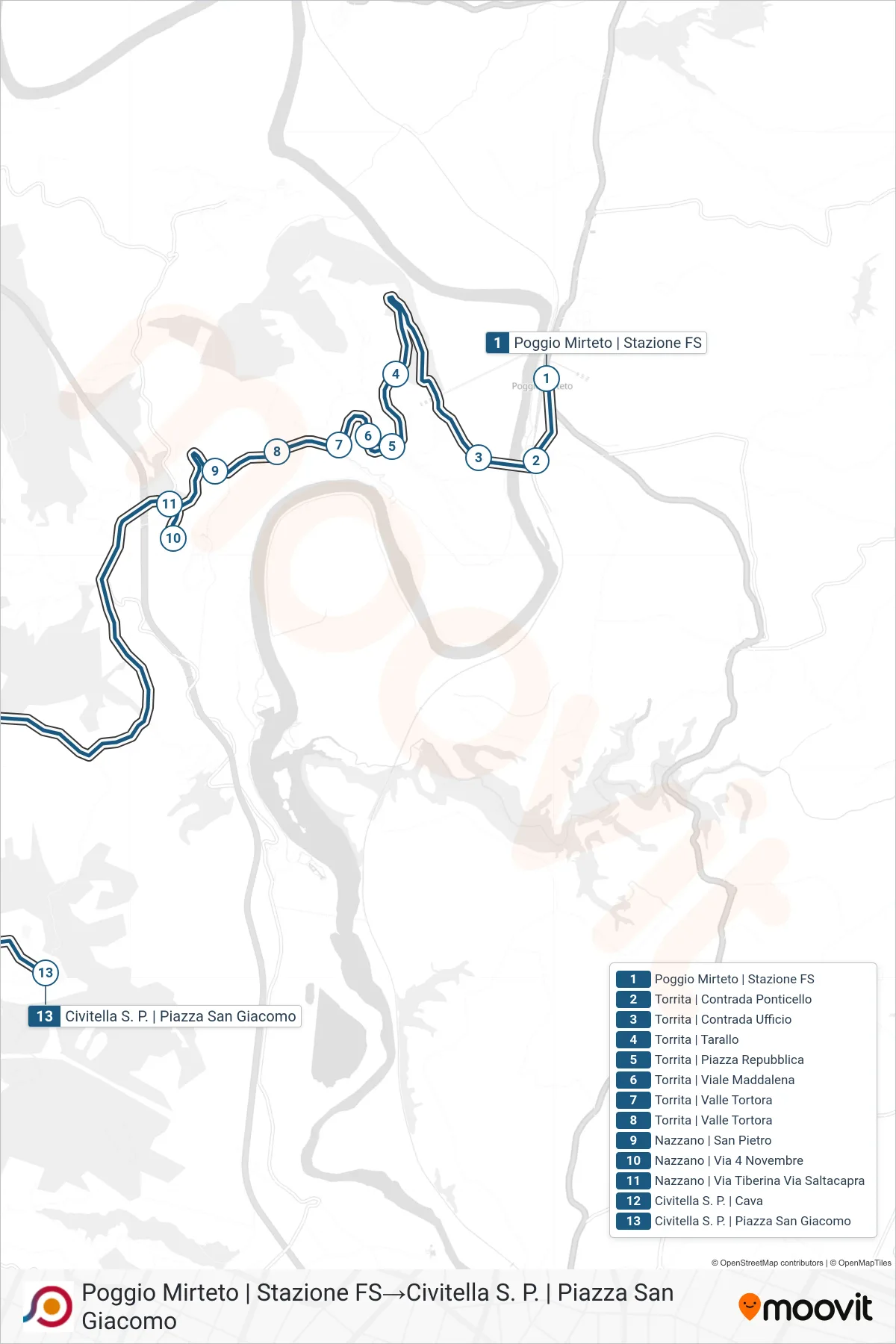 Linea COTRAL bus (Poggio Mirteto | Stazione FS→Civitella S. P. | Piazza San Giacomo) - Percorsi e fermate sulla mappa