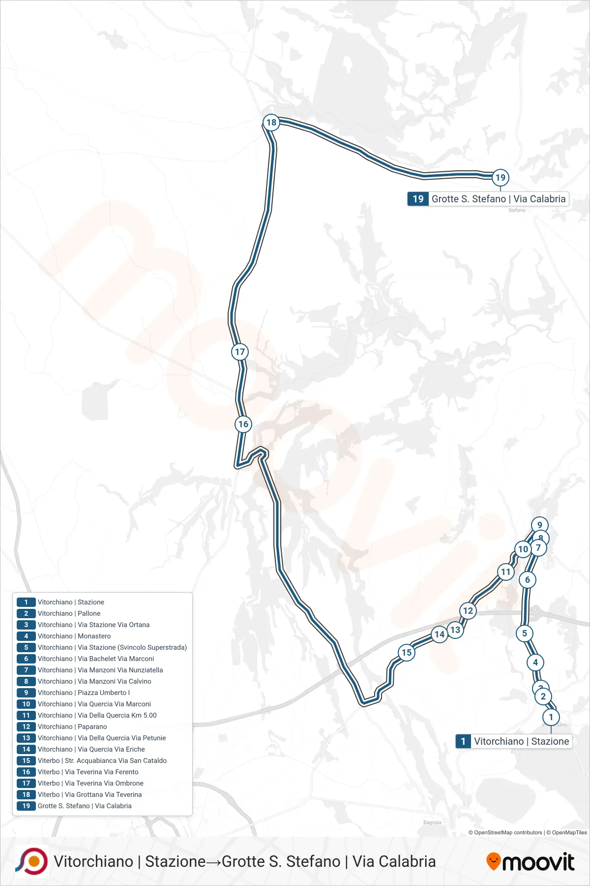Linea COTRAL  bus (Vitorchiano | Stazione‎→Grotte S. Stefano | Via Calabria) - Percorsi e fermate sulla mappa
