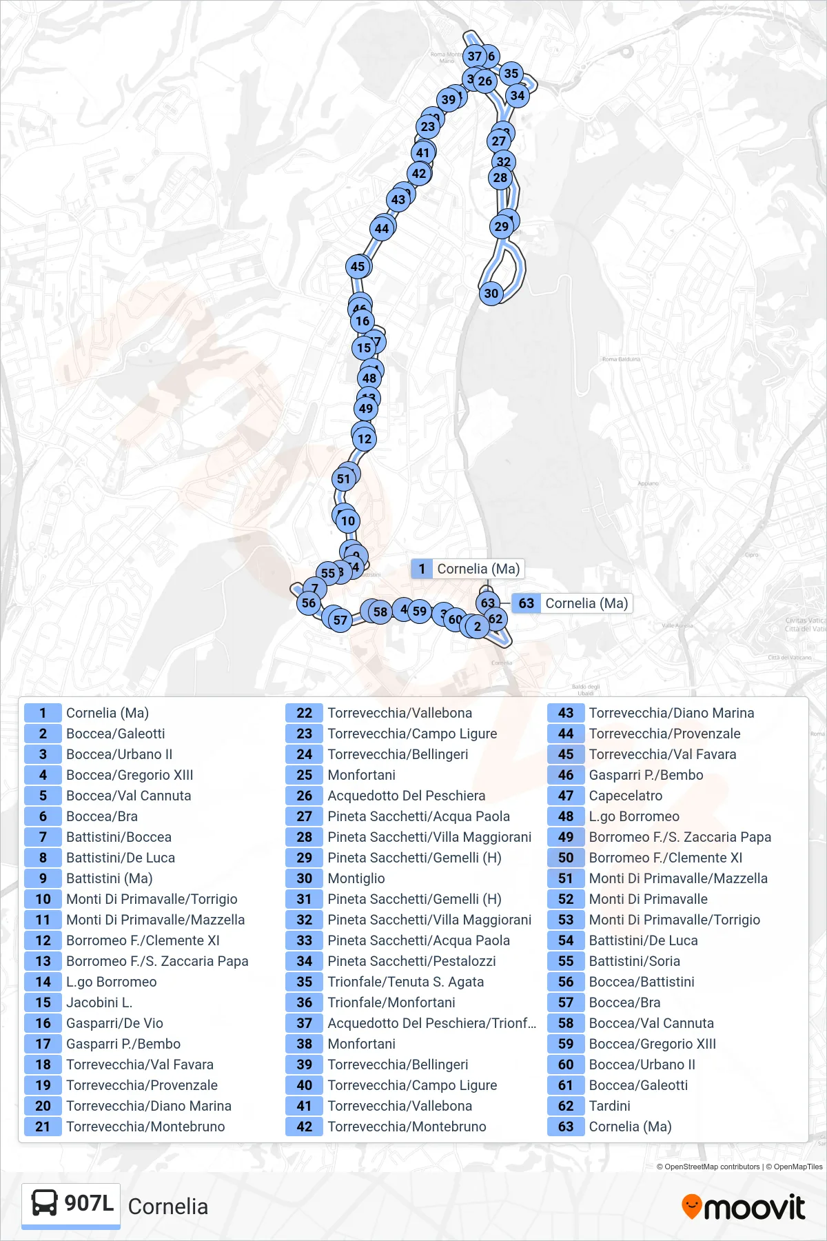 Linea 907L bus (Cornelia) - Percorsi e fermate sulla mappa