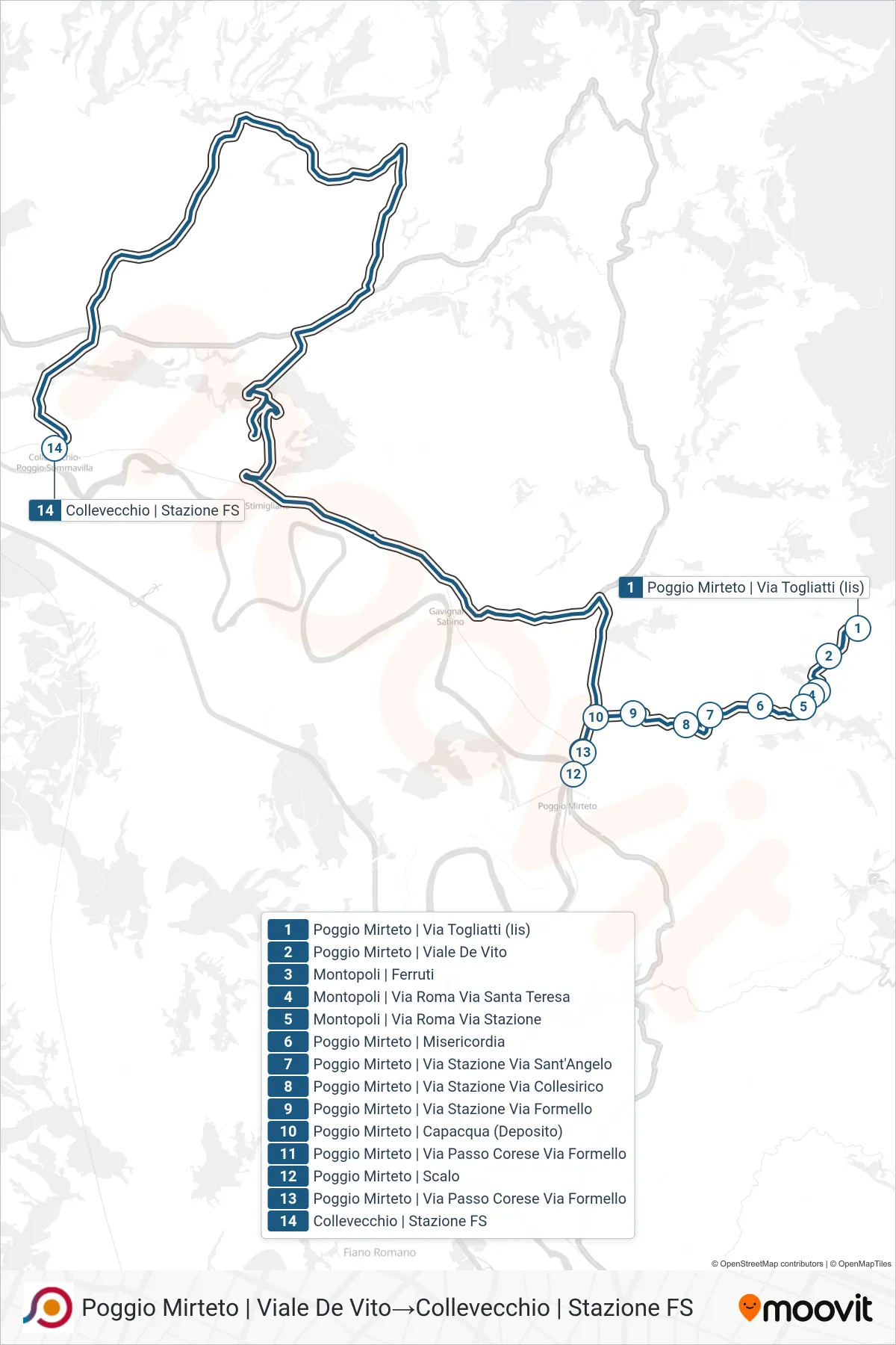 Linea COTRAL bus (Poggio Mirteto | Viale De Vito→Collevecchio | Stazione FS) - Percorsi e fermate sulla mappa
