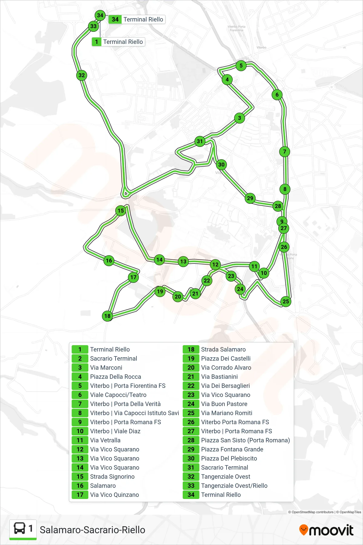 1 bus Line (Salamaro-Sacrario-Riello) route and stops on a map