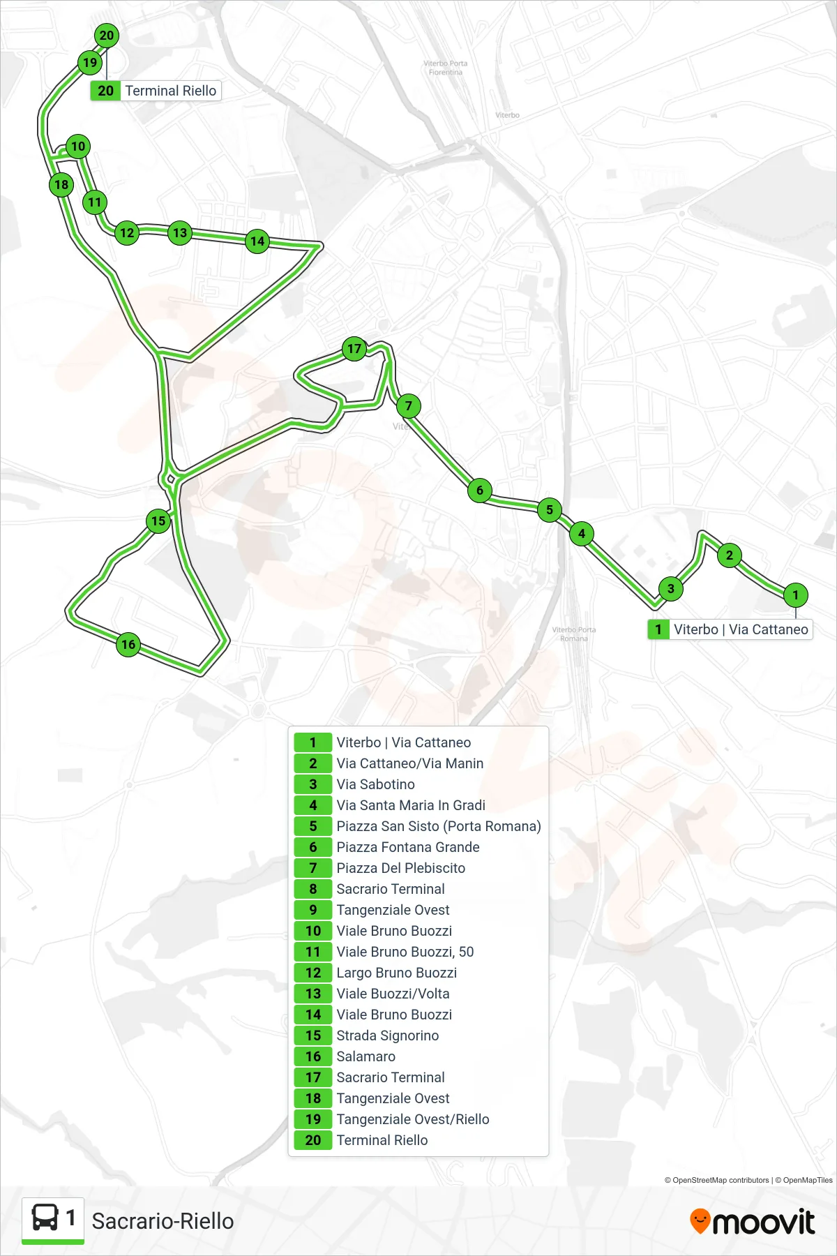 1 bus Line (Sacrario-Riello) route and stops on a map