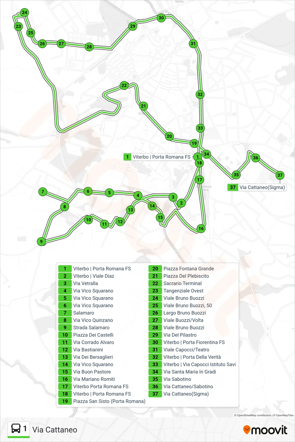Linea 1 bus (Via Cattaneo) - Percorsi e fermate sulla mappa