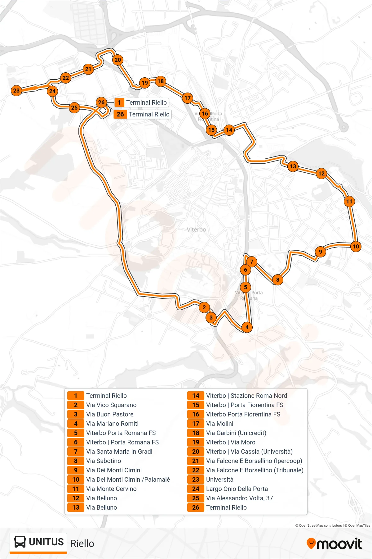 Linea UNITUS  bus (Riello) - Percorsi e fermate sulla mappa