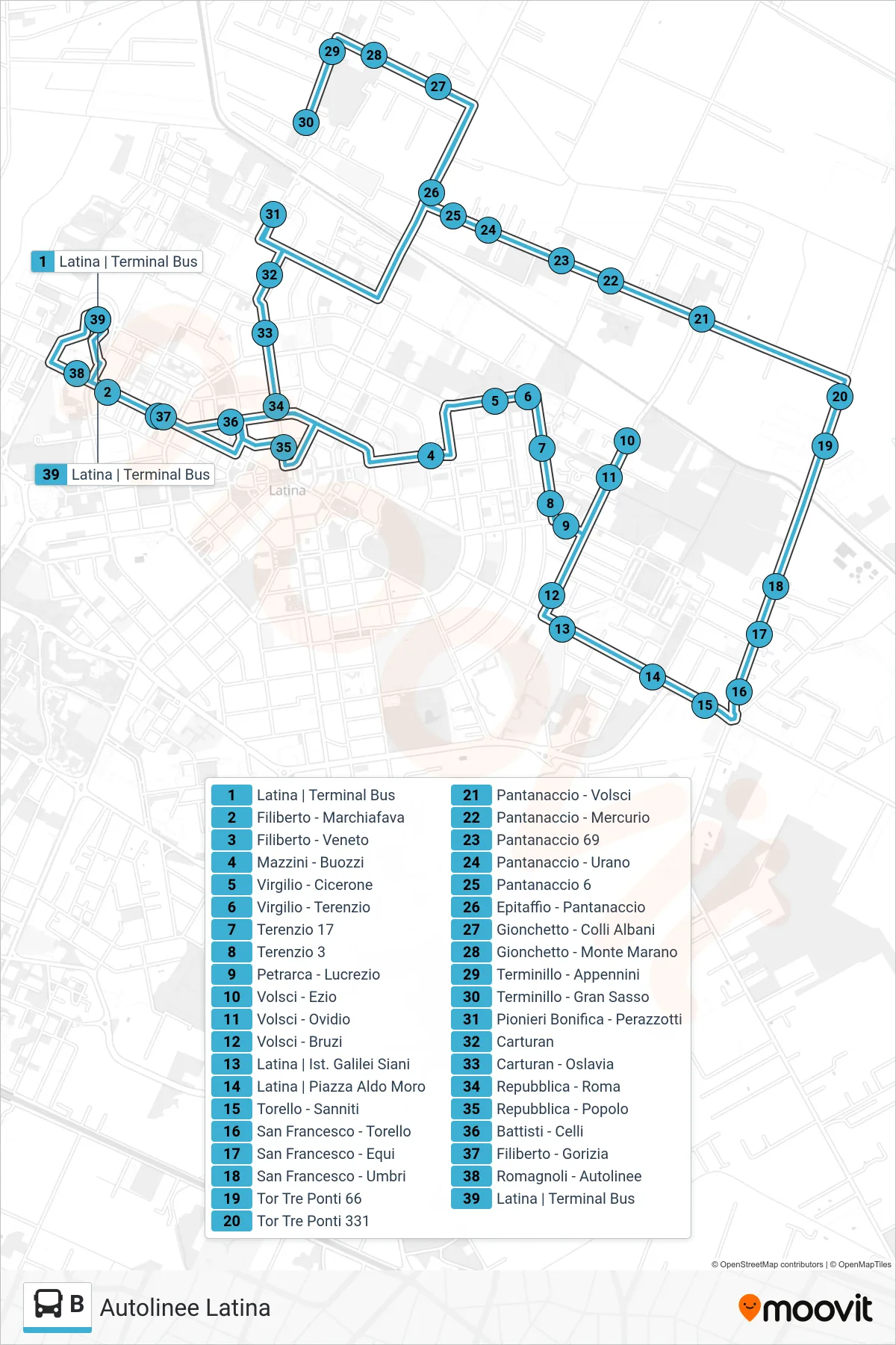 Linea B bus (Autolinee Latina) - Percorsi e fermate sulla mappa