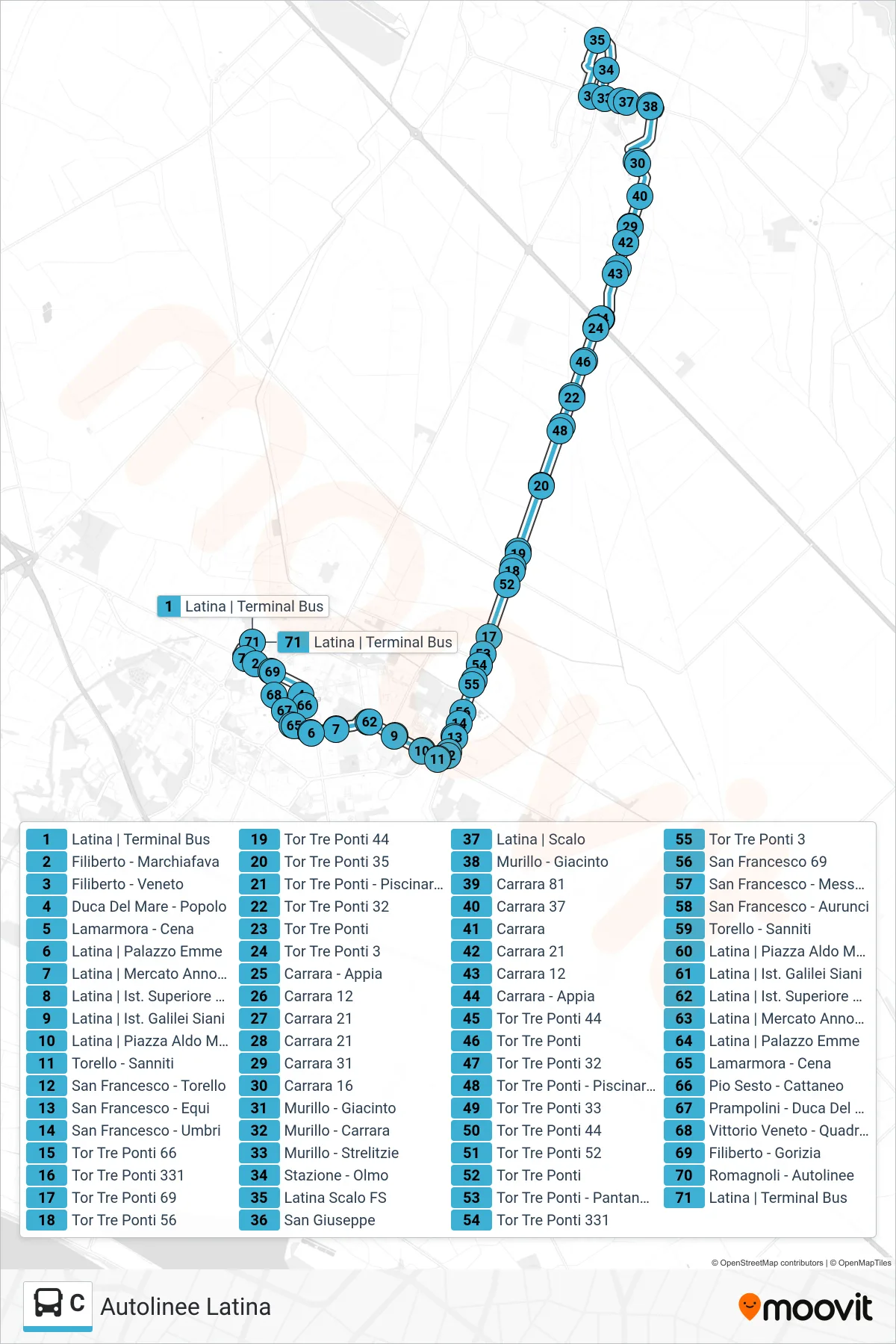 Linea C bus (Autolinee Latina) - Percorsi e fermate sulla mappa