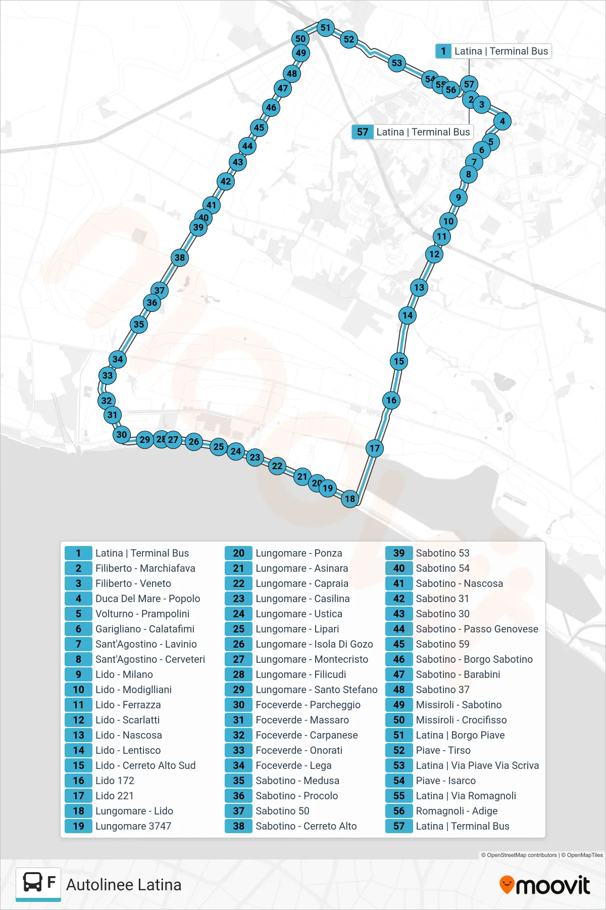 Linea F bus (Autolinee Latina) - Percorsi e fermate sulla mappa