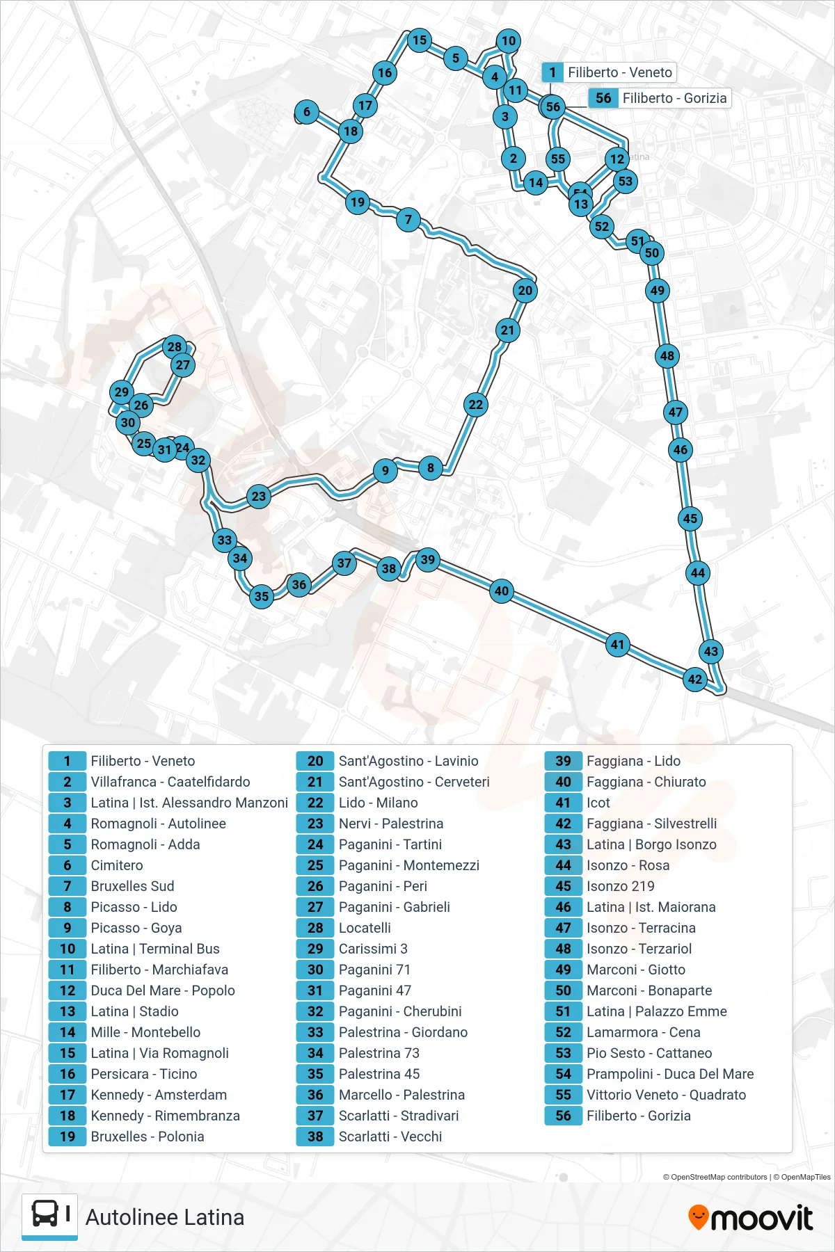 Linea I  bus (Autolinee Latina) - Percorsi e fermate sulla mappa