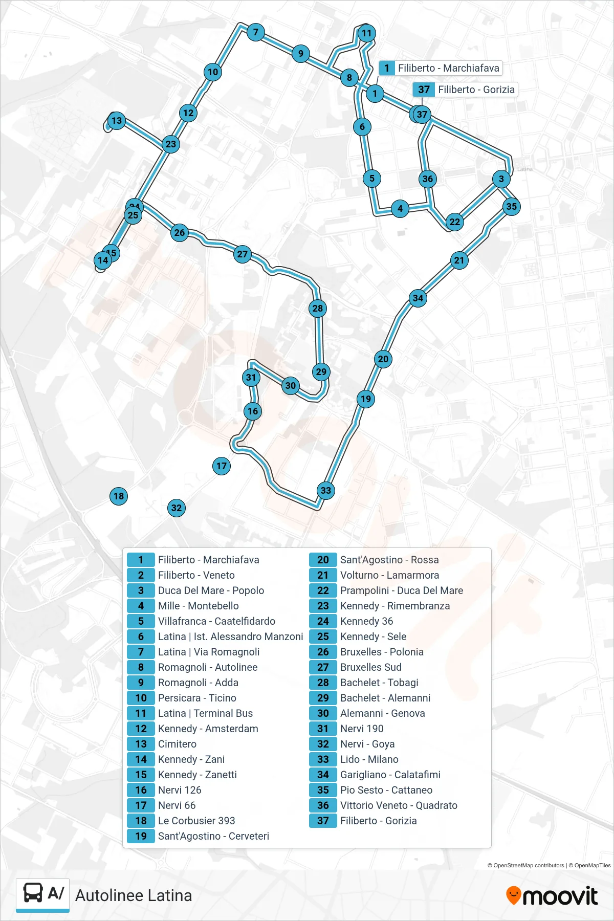 Linea A/ bus (Autolinee Latina) - Percorsi e fermate sulla mappa