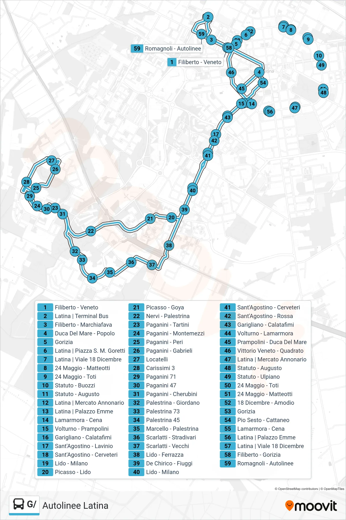 Linea G/ bus (Autolinee Latina) - Percorsi e fermate sulla mappa