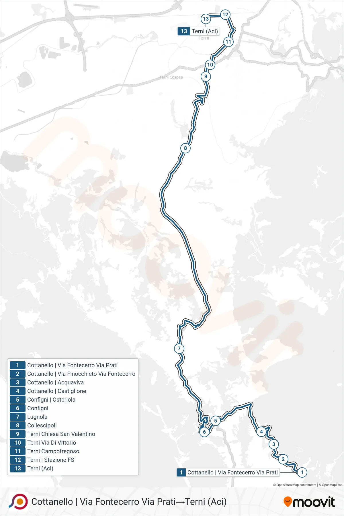 Linea COTRAL bus (Cottanello | Via Fontecerro Via Prati→Terni (Aci)) - Percorsi e fermate sulla mappa