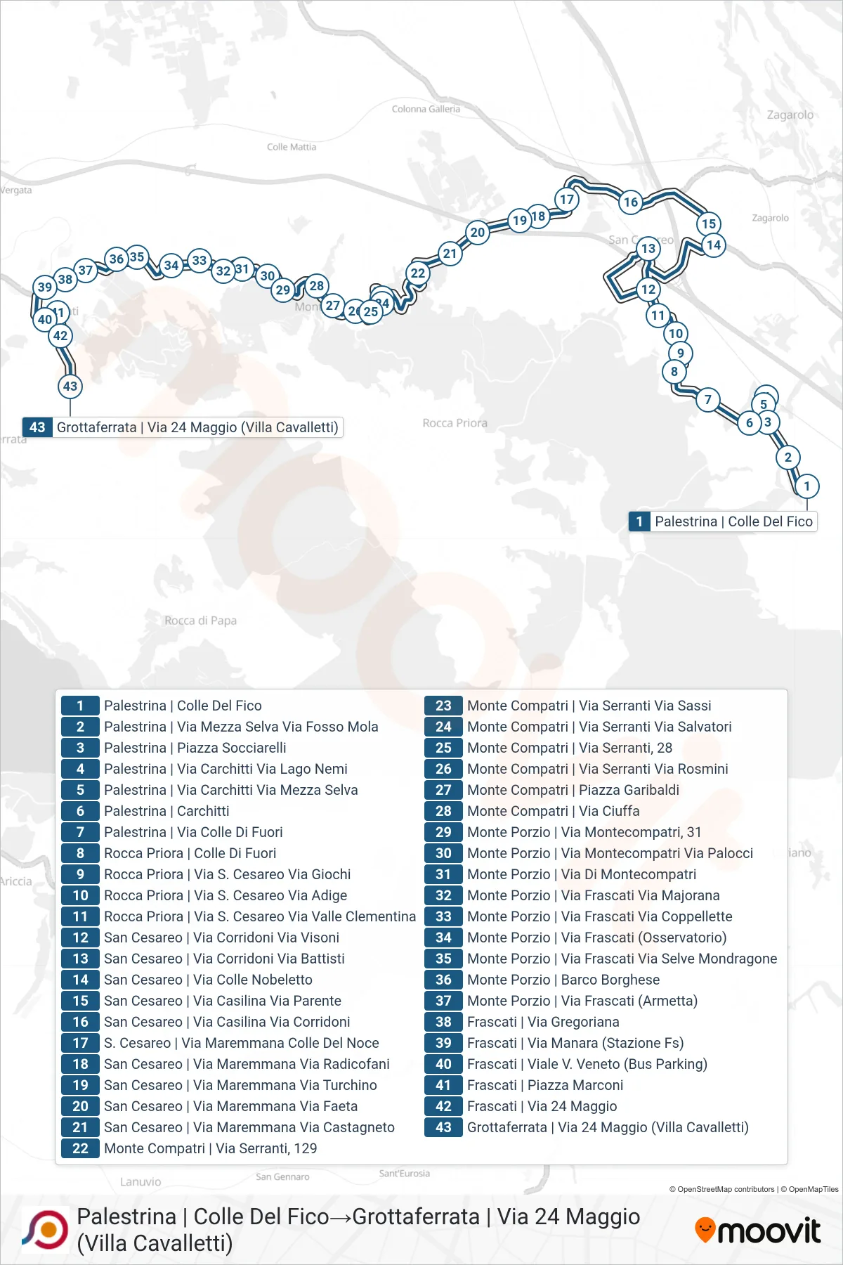 Linea COTRAL  bus (Palestrina | Colle Del Fico‎→Grottaferrata | Via 24 Maggio (Villa Cavalletti)) - Percorsi e fermate sulla mappa