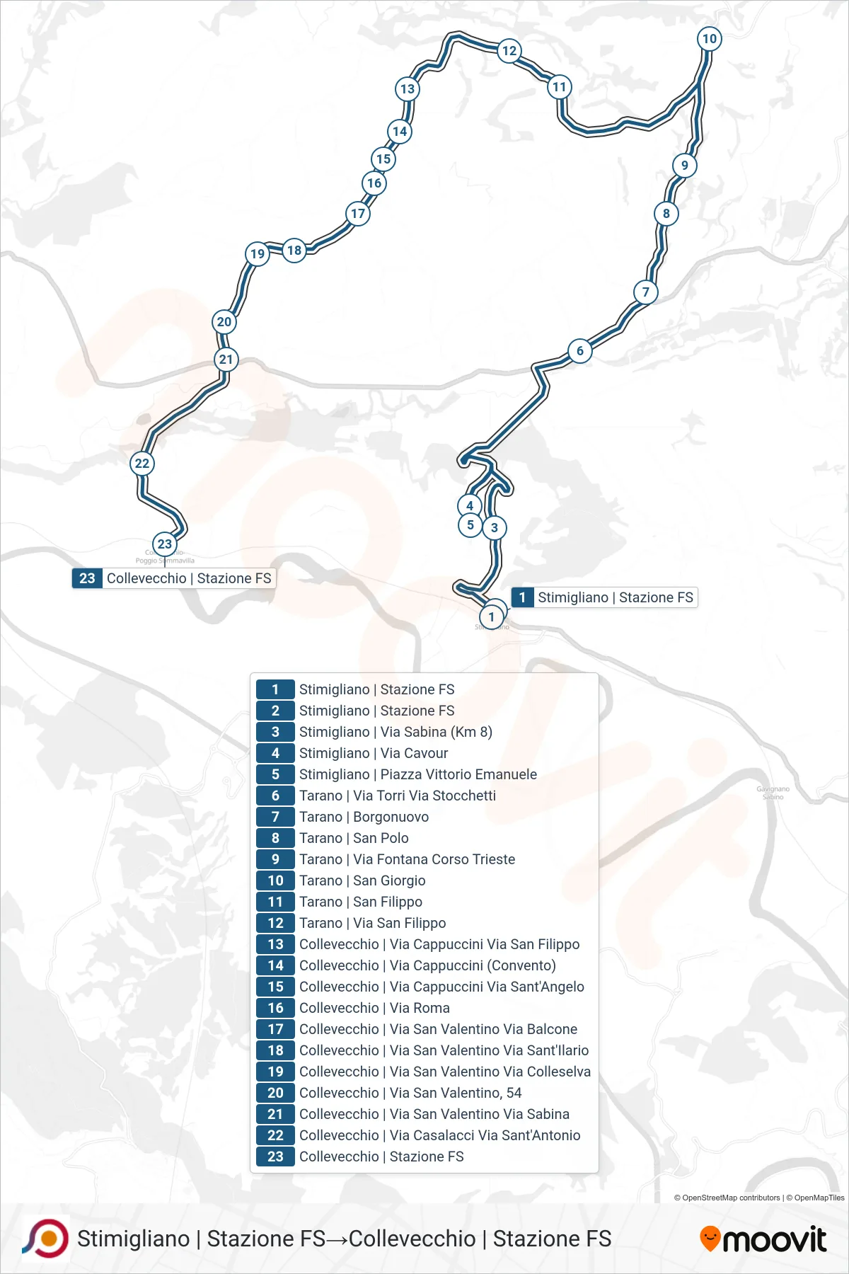 Linea COTRAL bus (Stimigliano | Stazione FS→Collevecchio | Stazione FS) - Percorsi e fermate sulla mappa