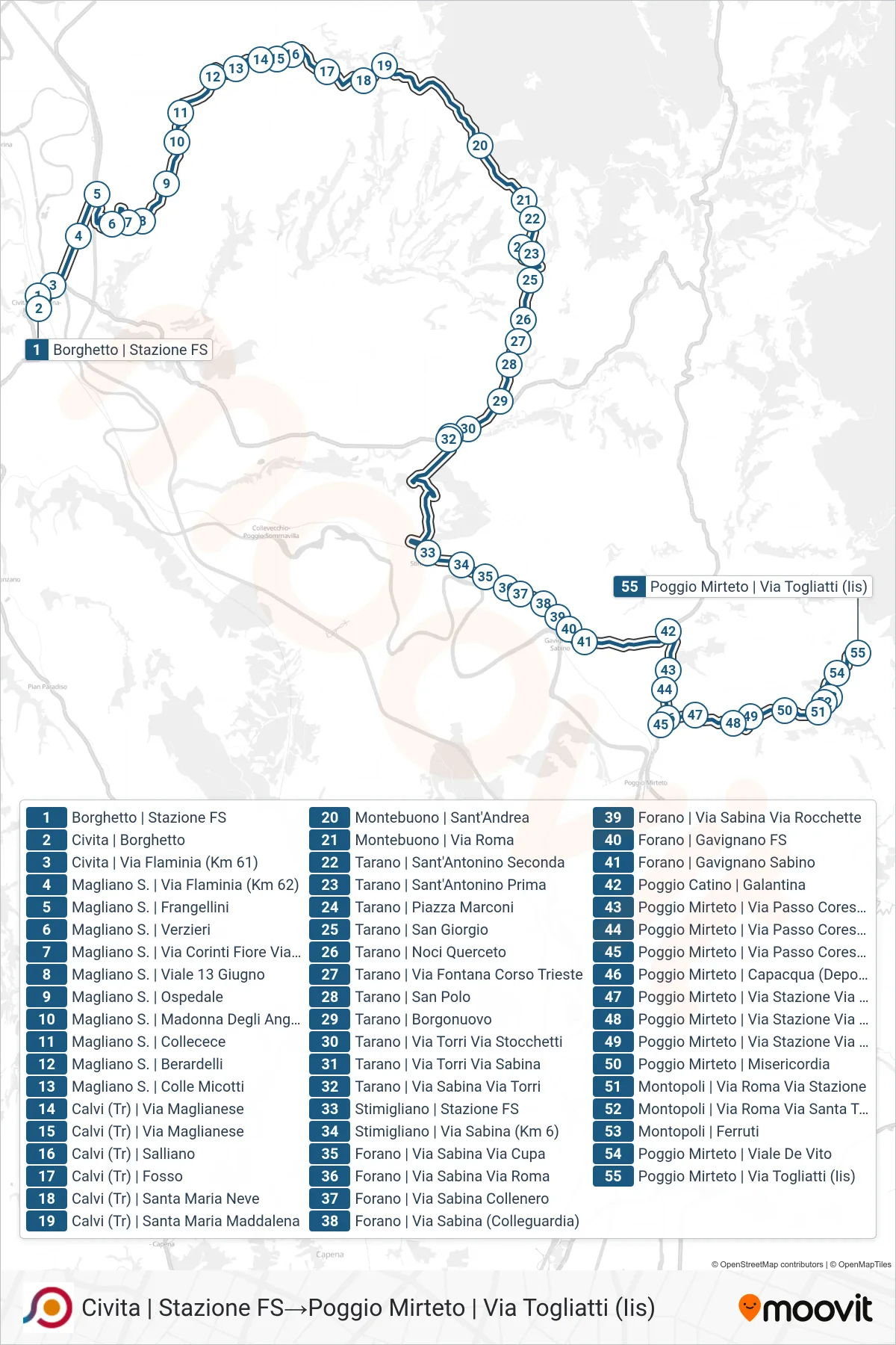 Linea COTRAL bus (Civita | Stazione FS→Poggio Mirteto | Via Togliatti (Iis)) - Percorsi e fermate sulla mappa