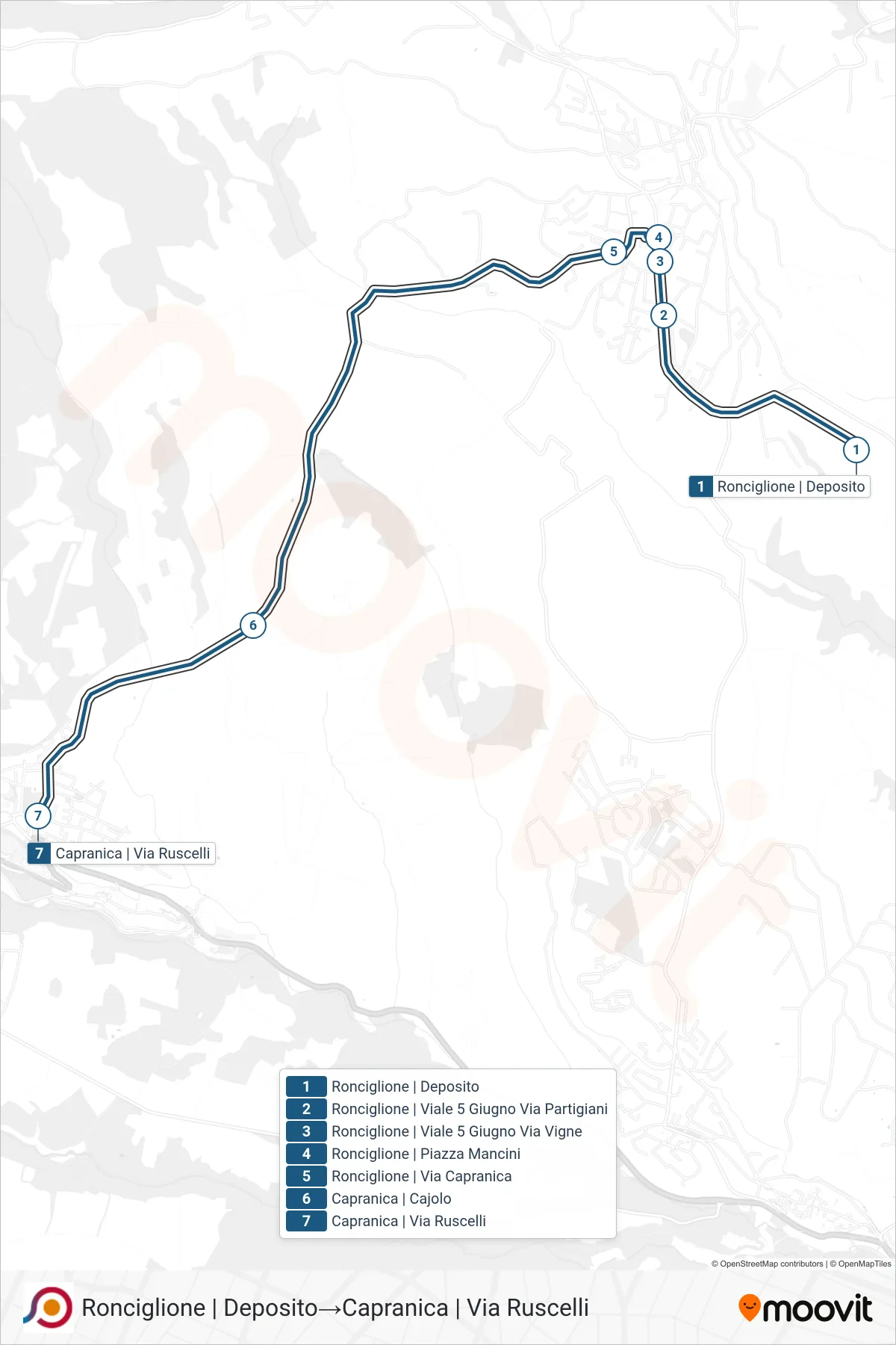 Linea COTRAL bus (Ronciglione | Deposito→Capranica | Via Ruscelli) - Percorsi e fermate sulla mappa