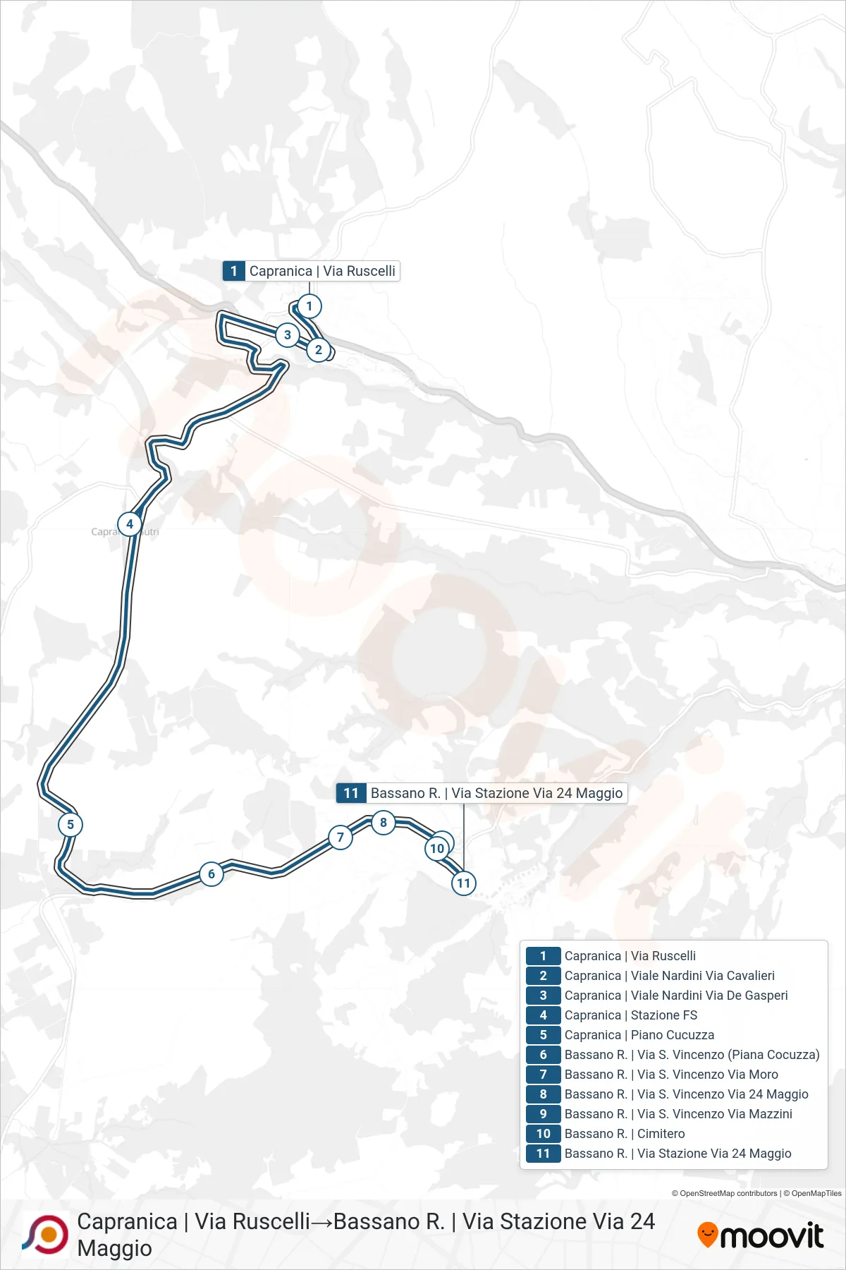 Linea COTRAL bus (Capranica | Via Ruscelli→Bassano R. | Via Stazione Via 24 Maggio) - Percorsi e fermate sulla mappa