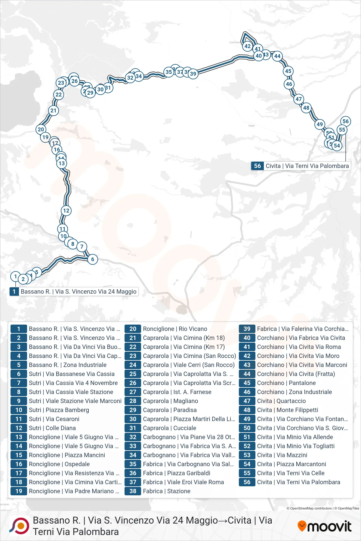 Linea COTRAL bus (Bassano R. | Via S. Vincenzo Via 24 Maggio→Civita | Via Terni Via Palombara) - Percorsi e fermate sulla mappa
