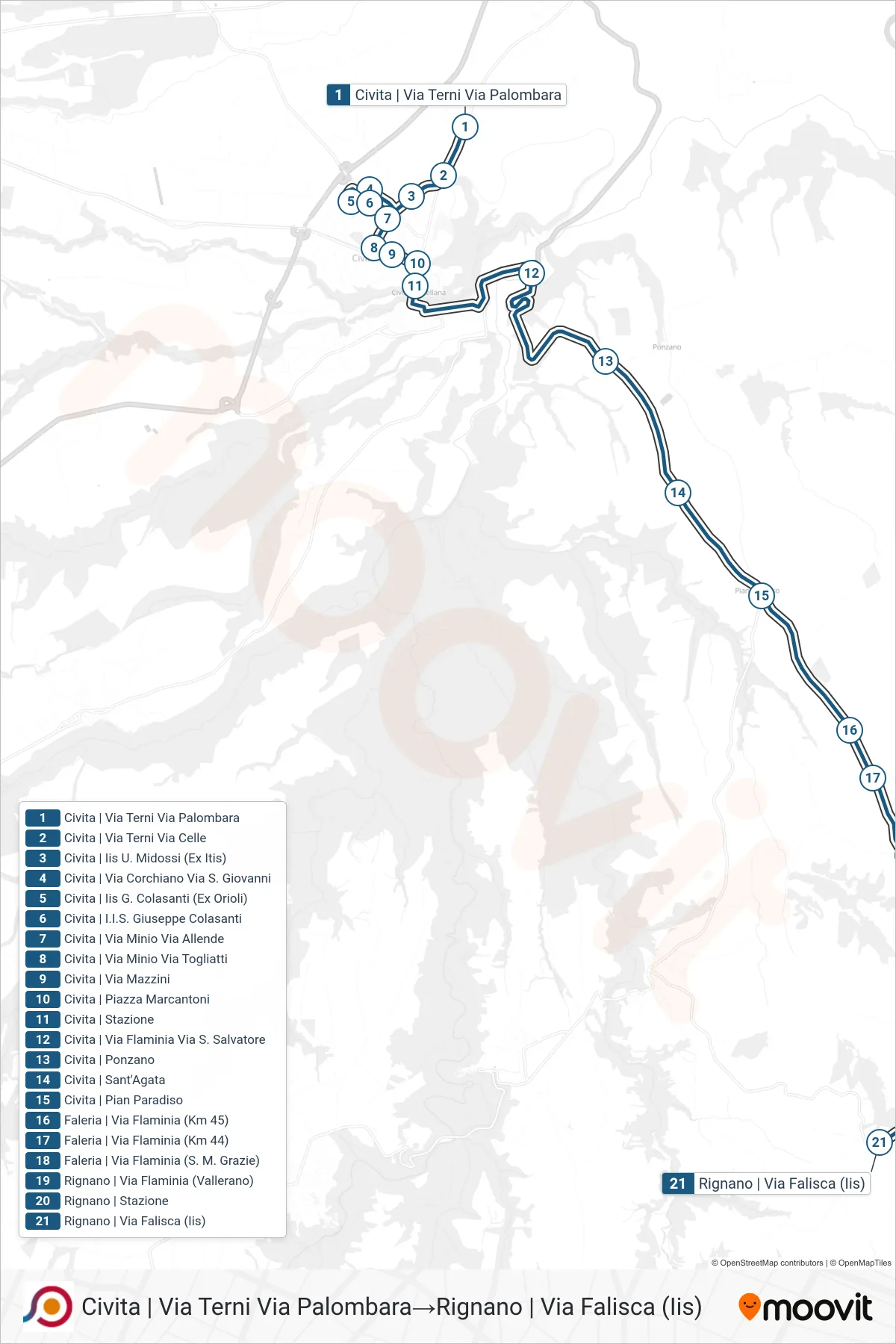 Linea COTRAL bus (Civita | Via Terni Via Palombara→Rignano | Via Falisca (Iis)) - Percorsi e fermate sulla mappa