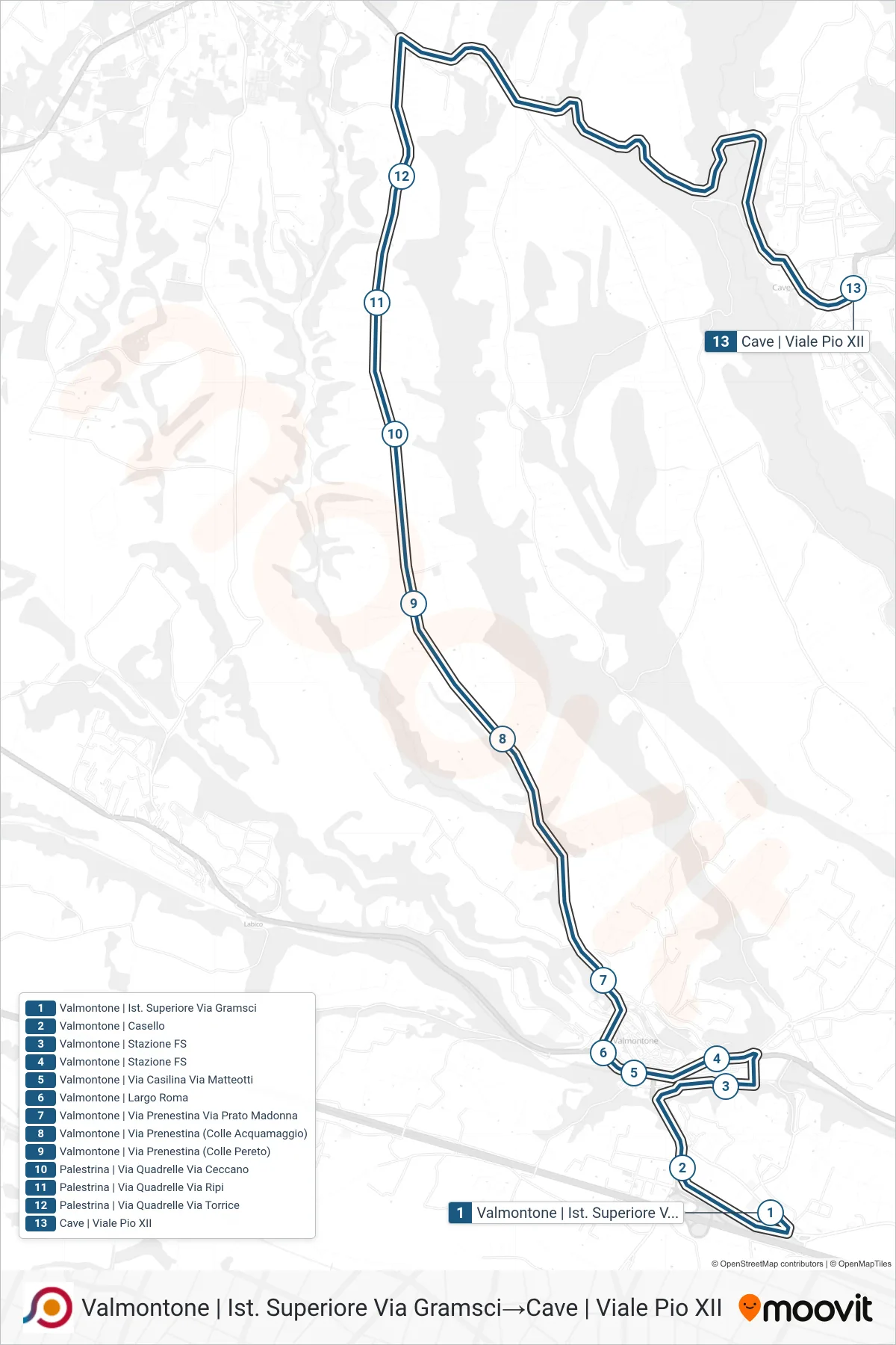 Linea COTRAL  bus (Valmontone | Ist. Superiore Via Gramsci‎→Cave | Viale Pio XII) - Percorsi e fermate sulla mappa